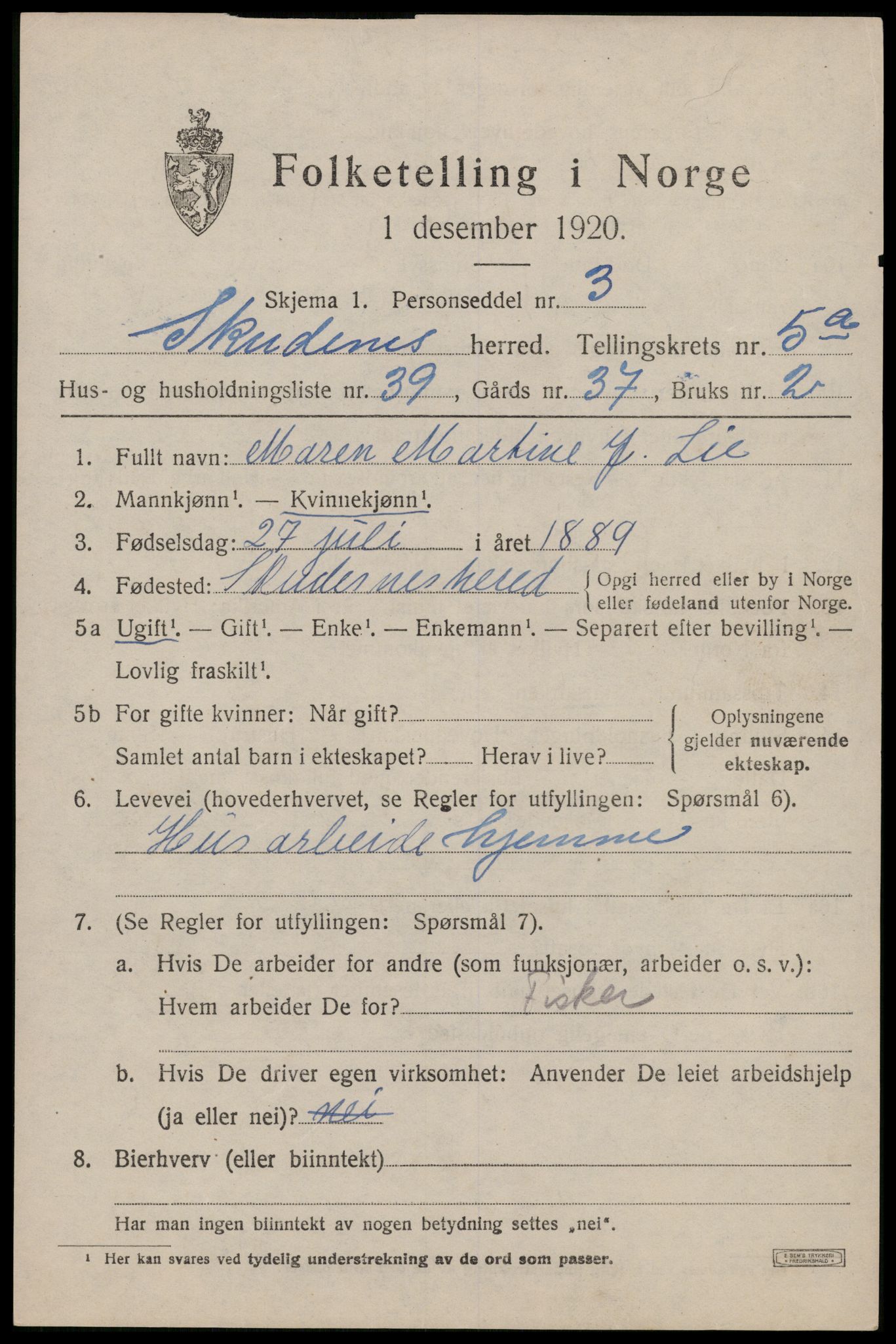 SAST, 1920 census for Skudenes, 1920, p. 4466