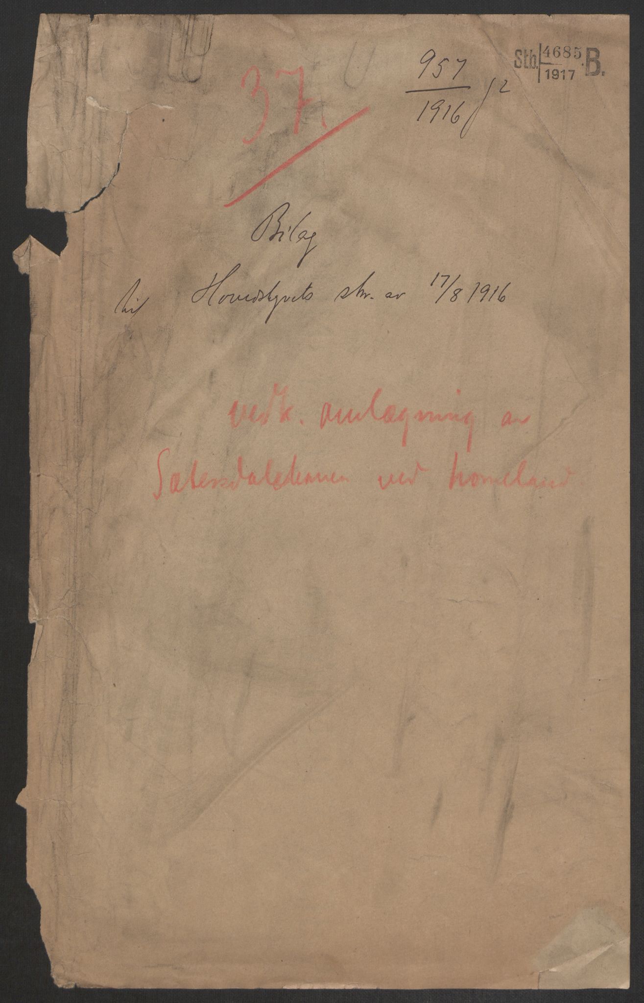 Norges Statsbaner, Baneavdelingen B, AV/RA-S-1619/1/F/Fa/L0211: SÆTERSDALSBANEN. OMLEGNINGEN RØYKNES-IVELAND (NOMELAND), 1915, p. 1