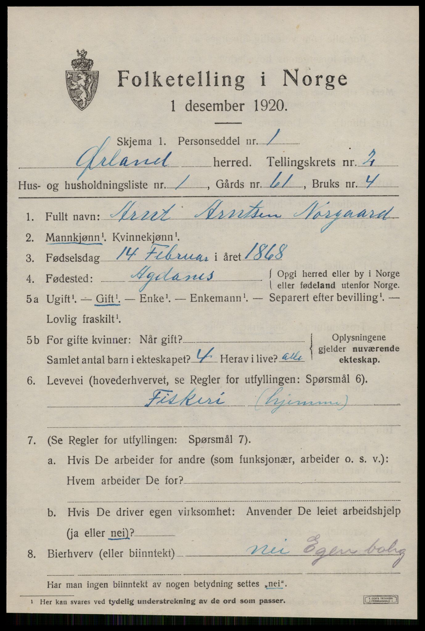 SAT, 1920 census for Ørland, 1920, p. 2227