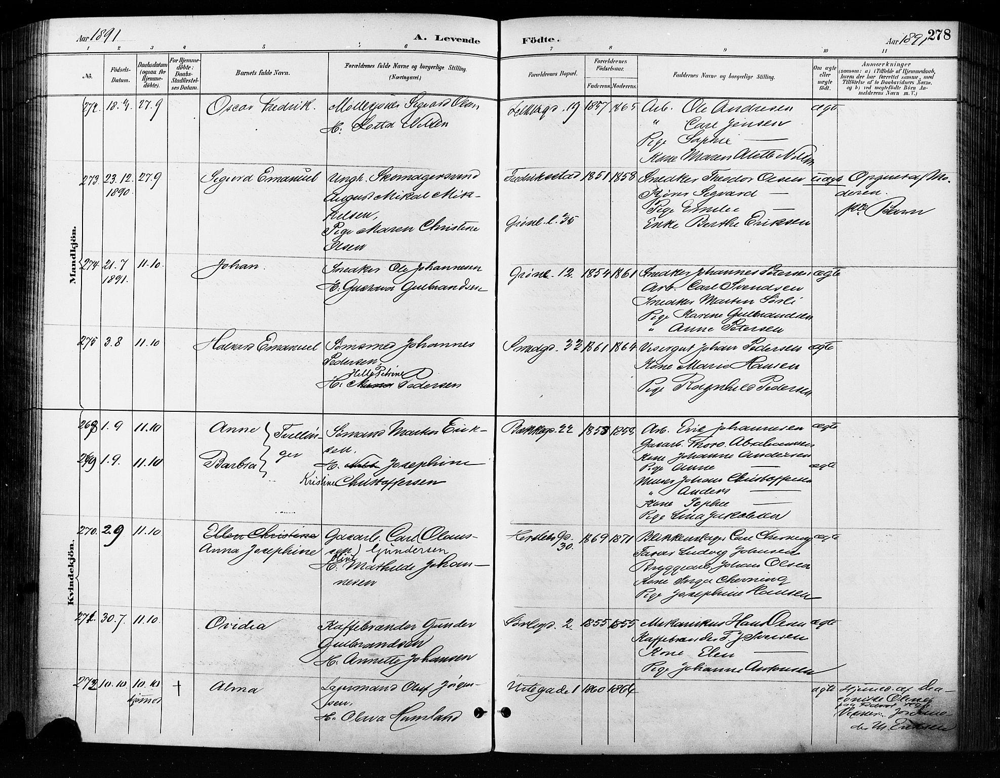 Grønland prestekontor Kirkebøker, AV/SAO-A-10848/F/Fa/L0009: Parish register (official) no. 9, 1888-1893, p. 278