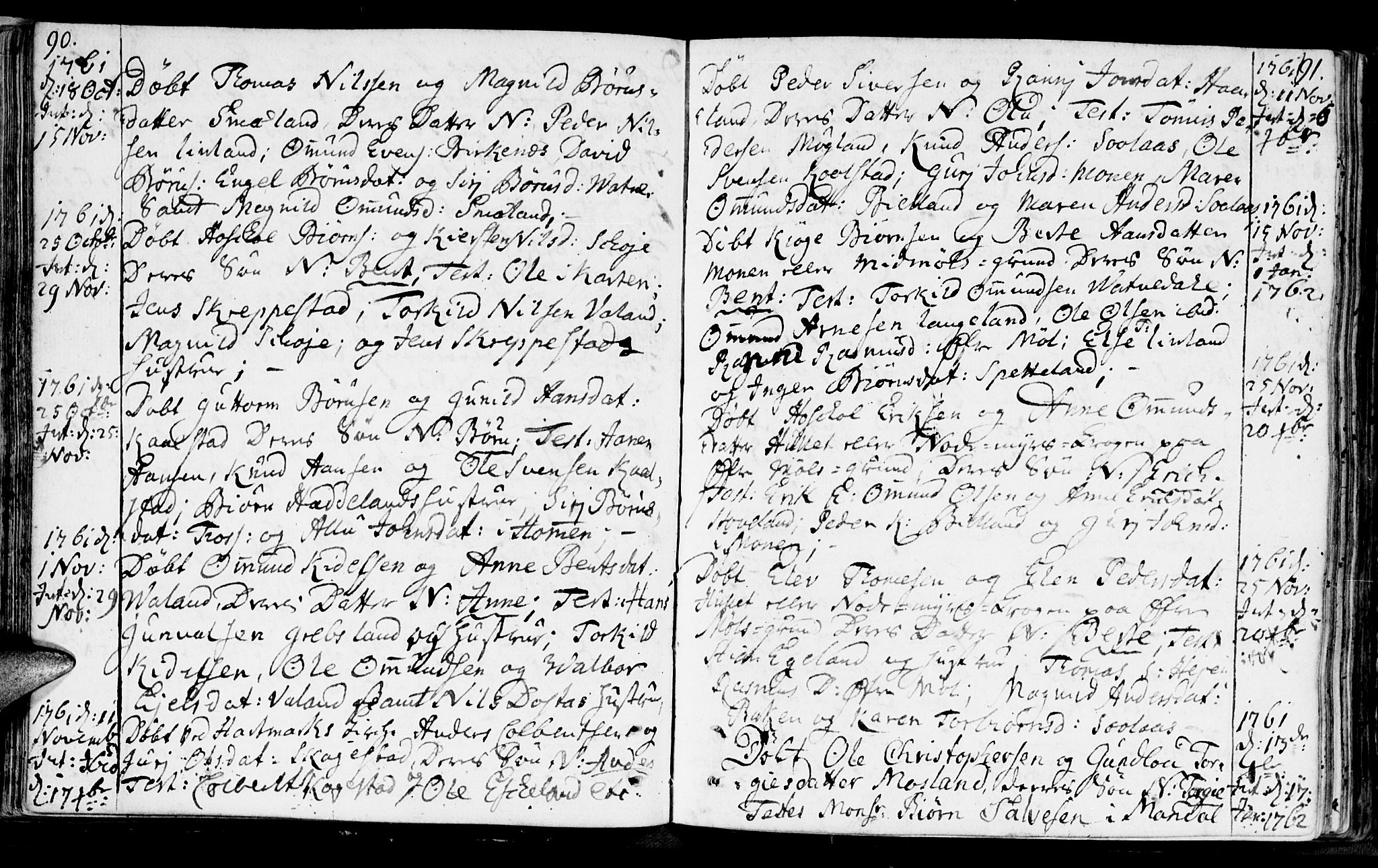 Holum sokneprestkontor, SAK/1111-0022/F/Fa/Faa/L0002: Parish register (official) no. A 2, 1756-1780, p. 90-91