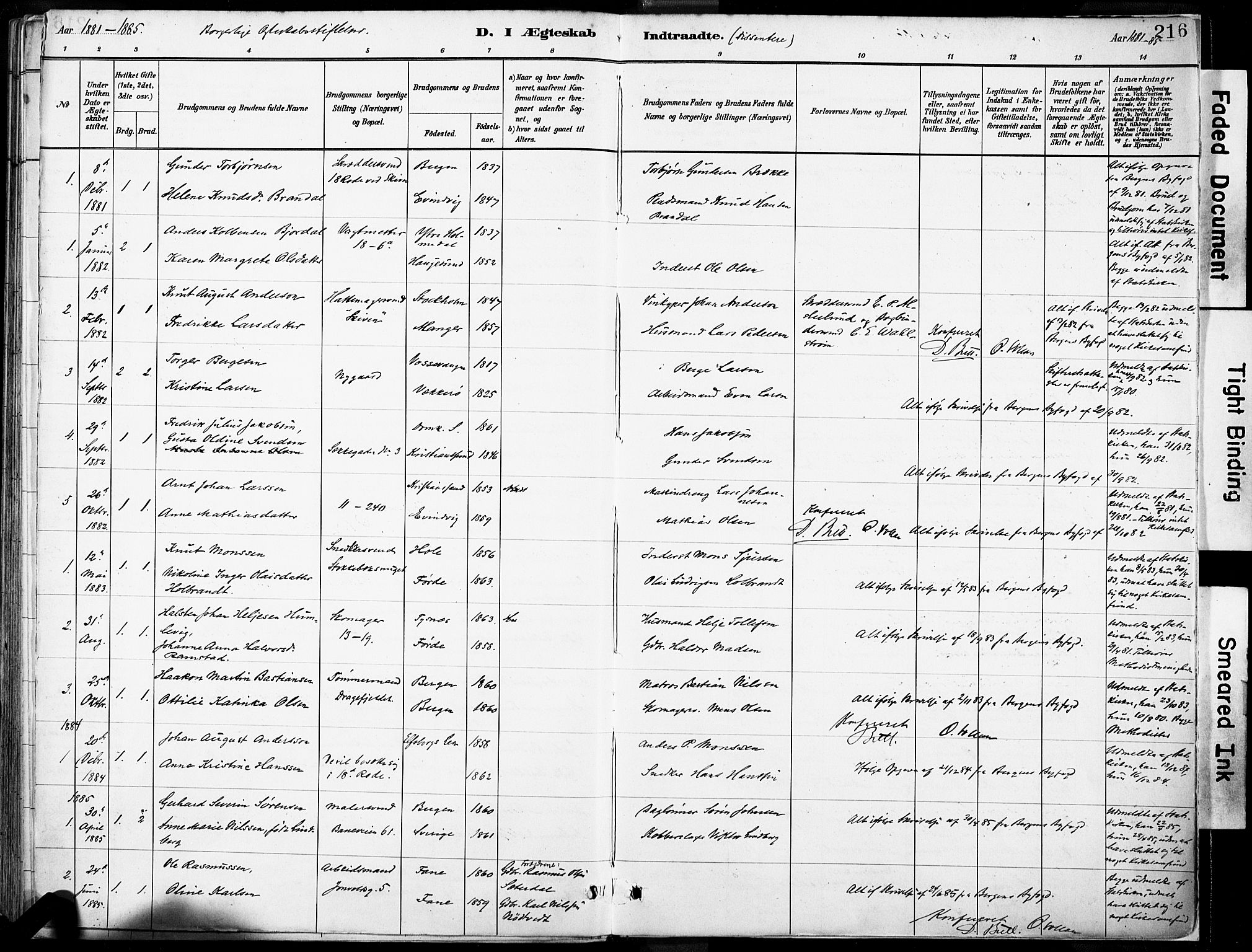 Domkirken sokneprestembete, AV/SAB-A-74801/H/Haa/L0037: Parish register (official) no. D 4, 1880-1907, p. 216