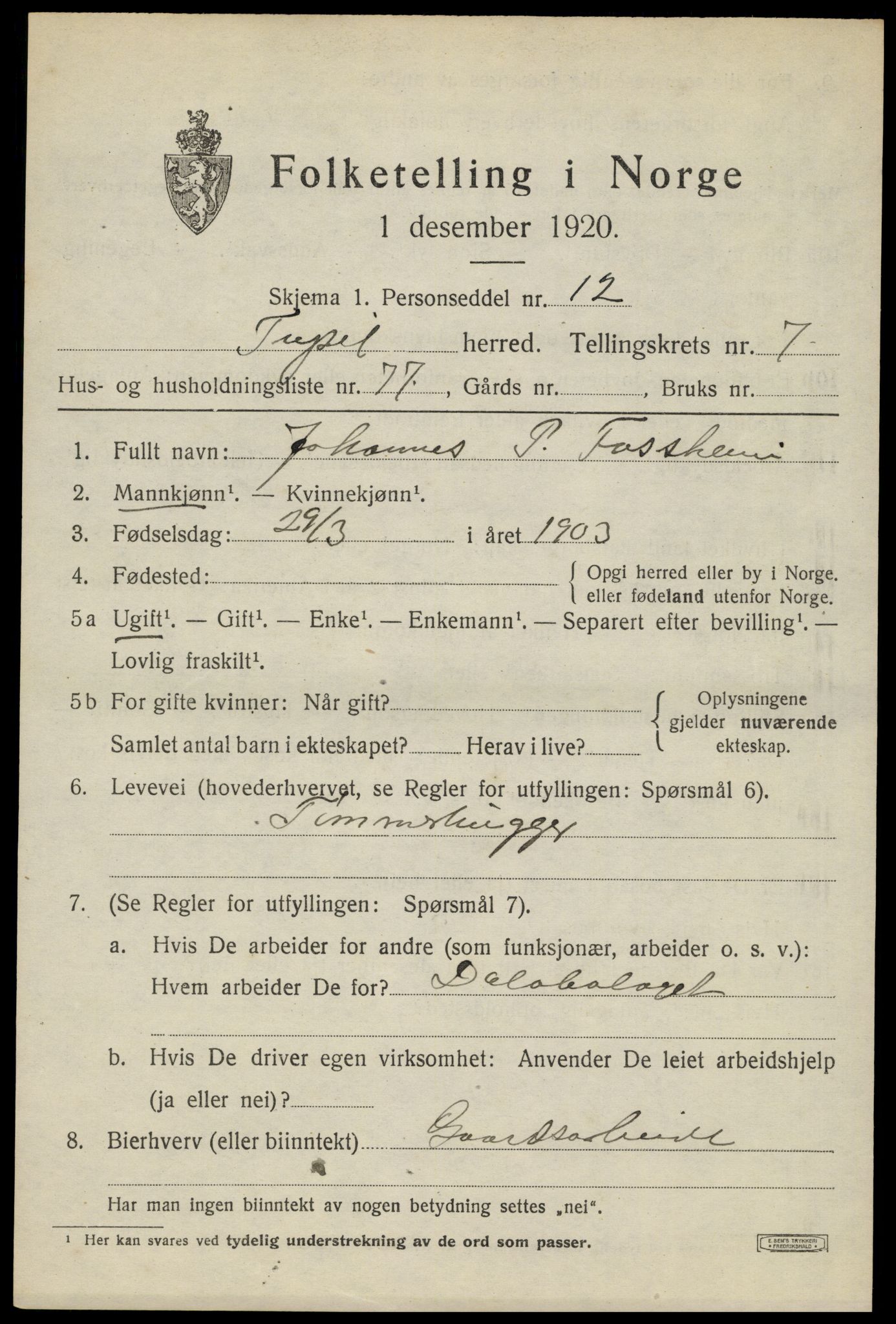 SAH, 1920 census for Trysil, 1920, p. 6215