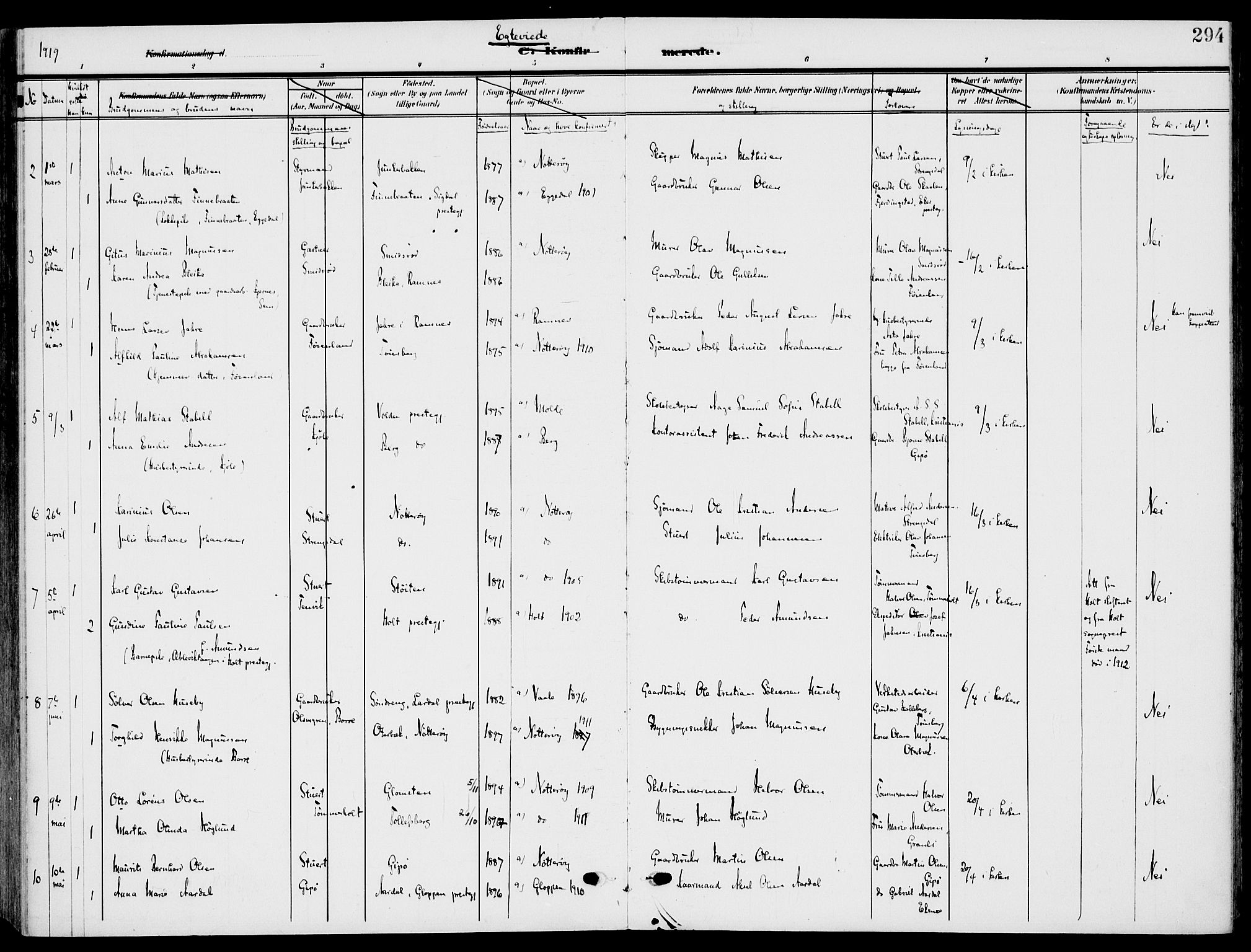 Nøtterøy kirkebøker, AV/SAKO-A-354/F/Fa/L0010: Parish register (official) no. I 10, 1908-1919, p. 294