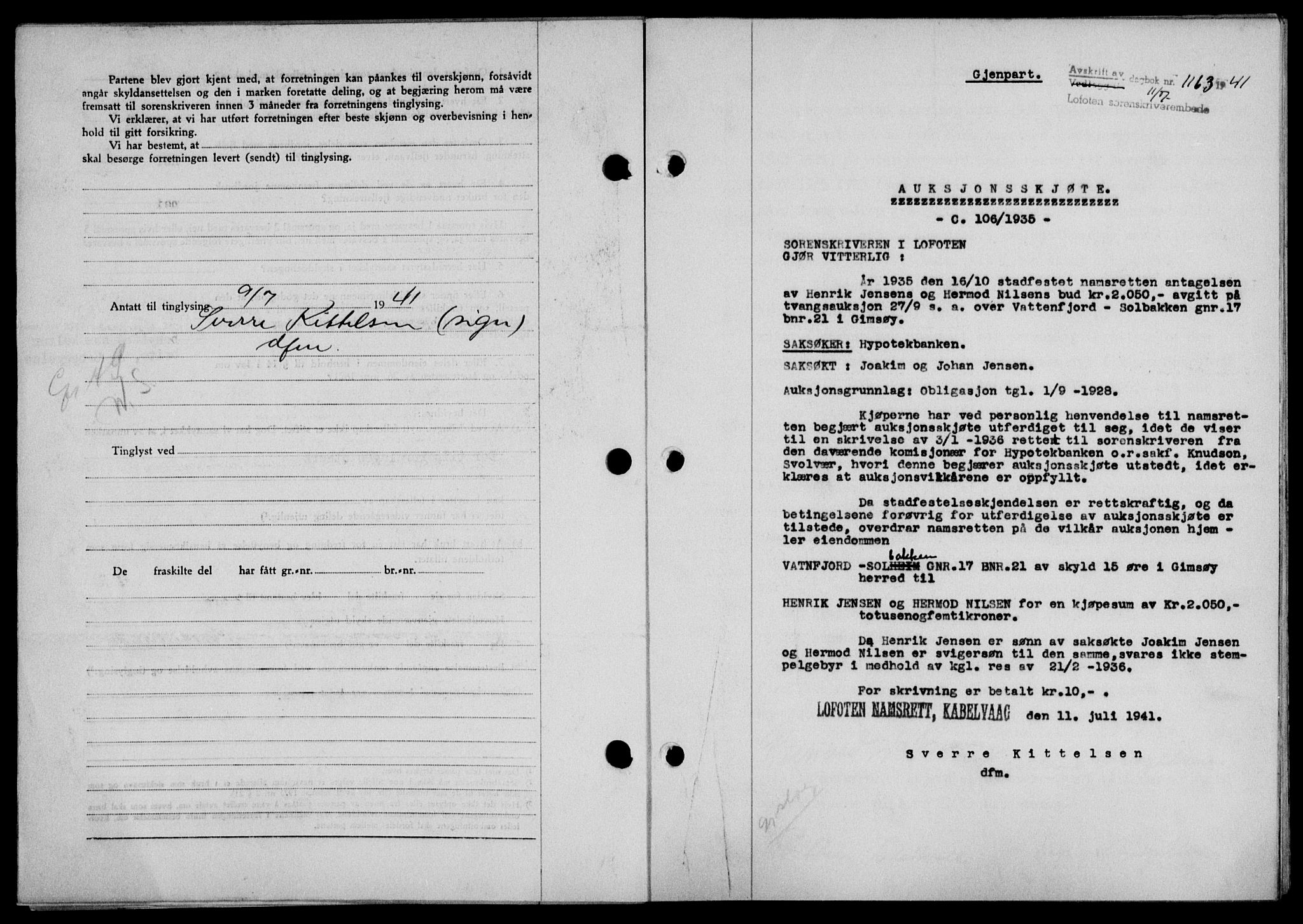 Lofoten sorenskriveri, SAT/A-0017/1/2/2C/L0008a: Mortgage book no. 8a, 1940-1941, Diary no: : 1163/1941