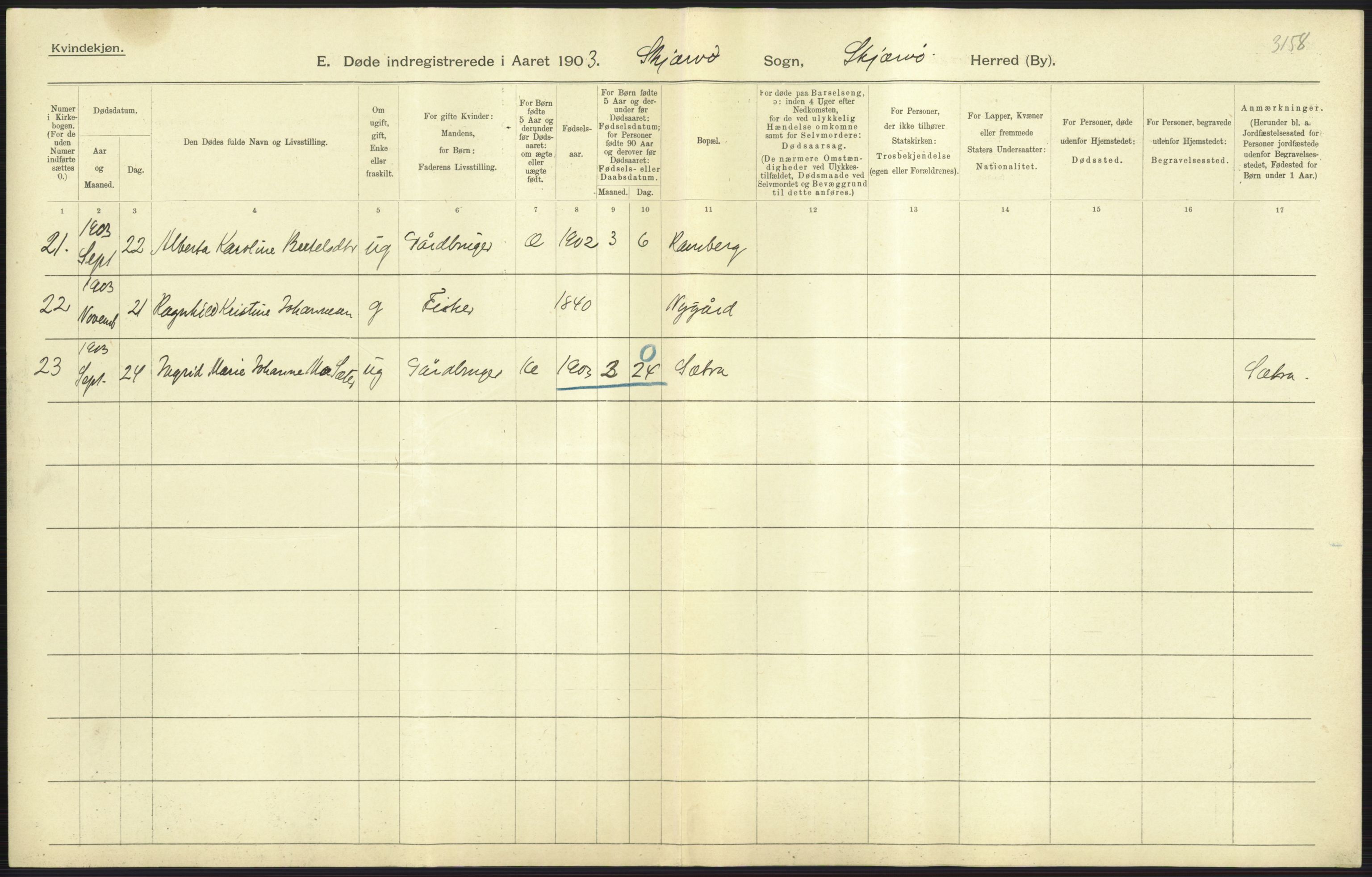 Statistisk sentralbyrå, Sosiodemografiske emner, Befolkning, AV/RA-S-2228/D/Df/Dfa/Dfaa/L0021: Tromsø amt: Fødte, gifte, døde., 1903, p. 385