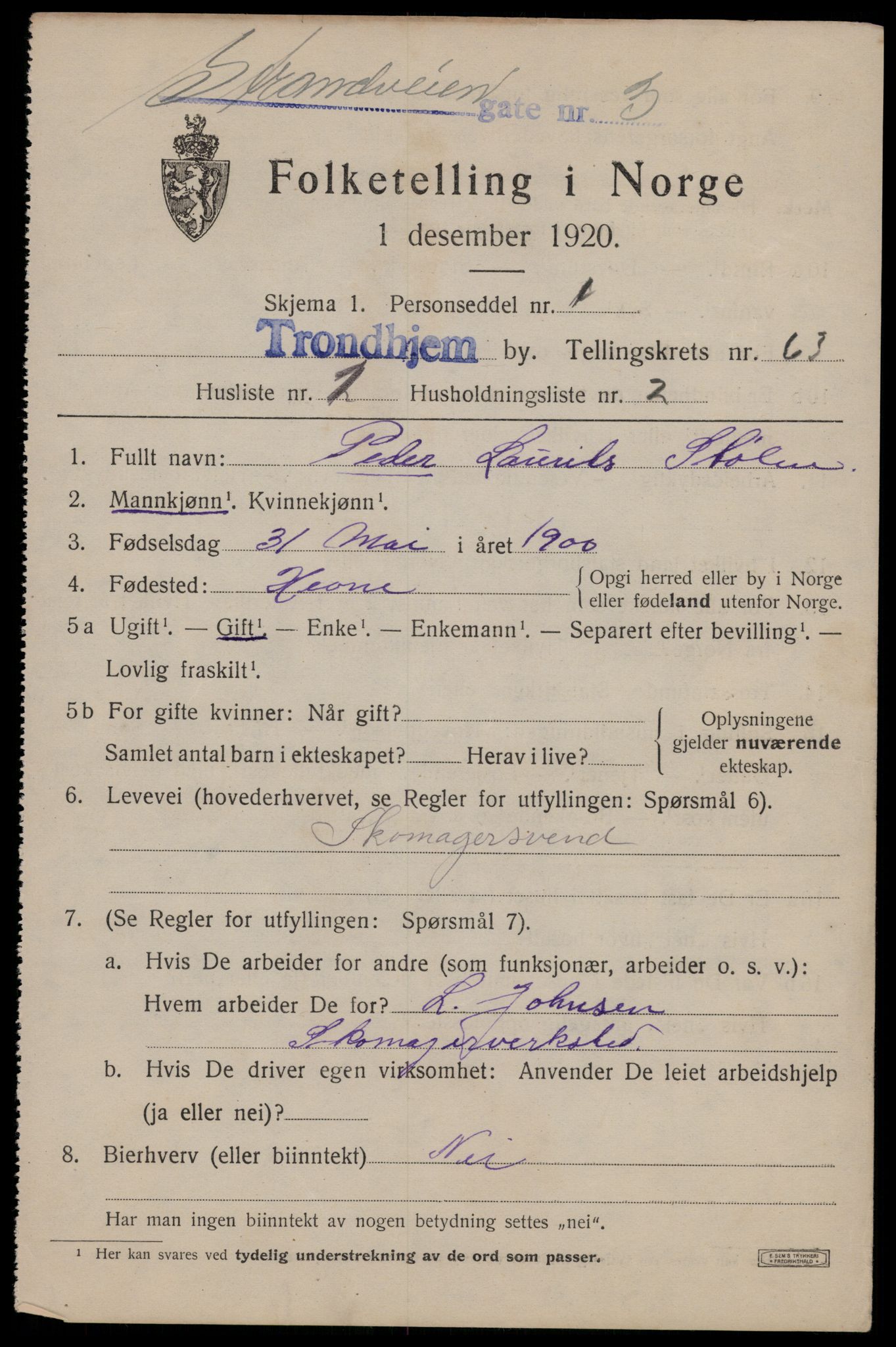 SAT, 1920 census for Trondheim, 1920, p. 125348