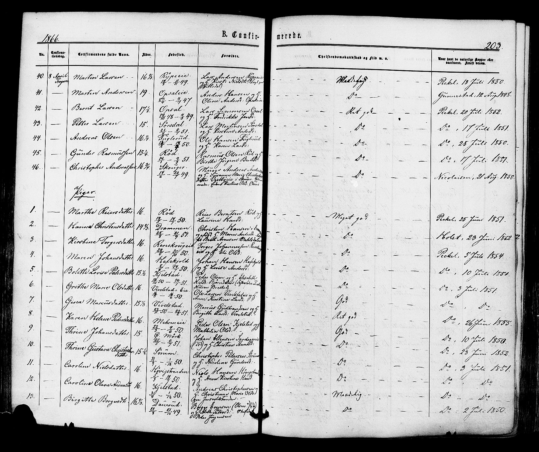 Lier kirkebøker, SAKO/A-230/F/Fa/L0013: Parish register (official) no. I 13, 1865-1874, p. 203