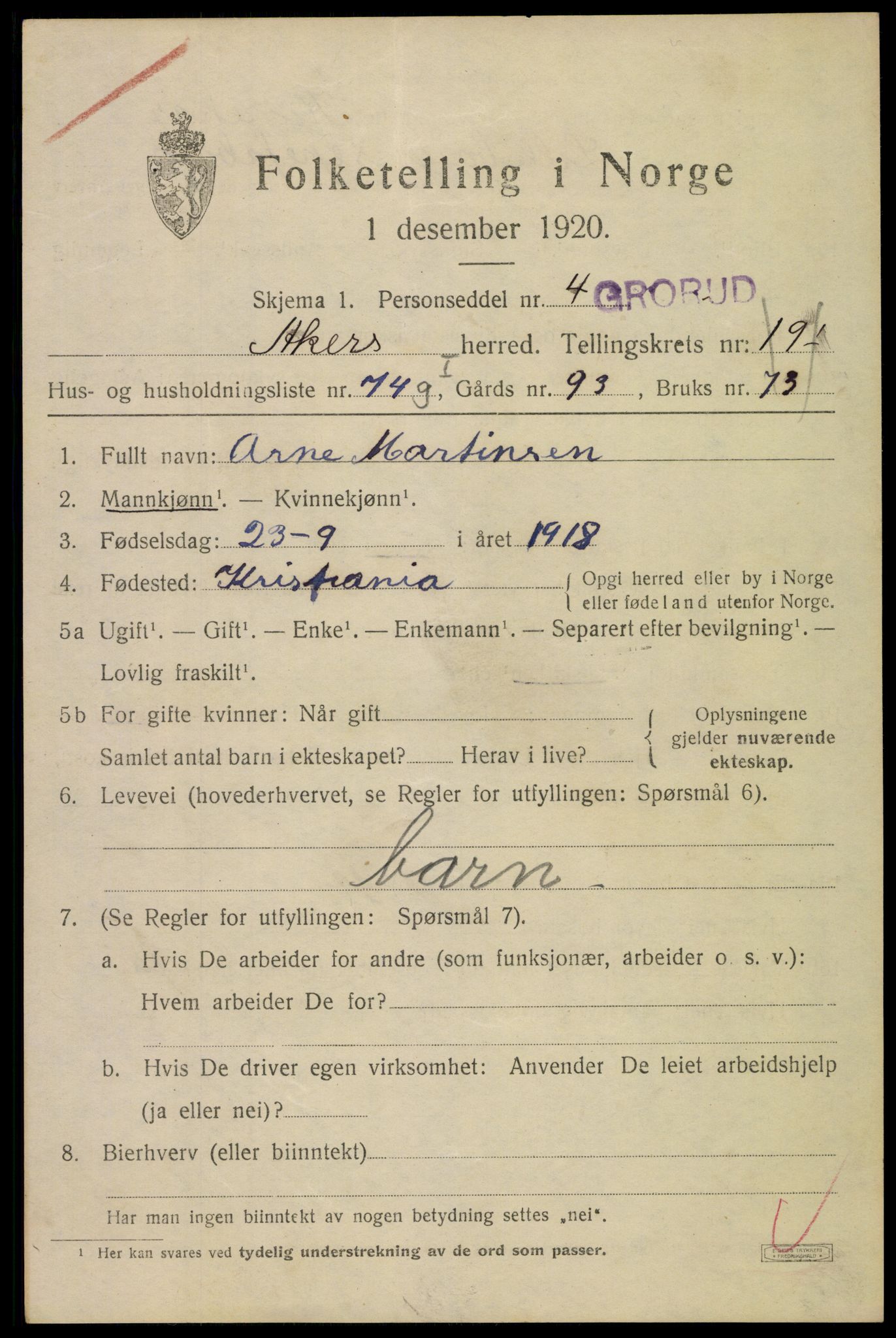 SAO, 1920 census for Aker, 1920, p. 122018