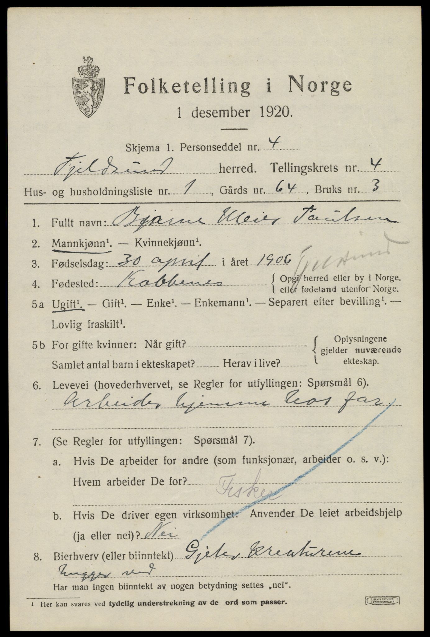 SAT, 1920 census for Tjeldsund, 1920, p. 2292