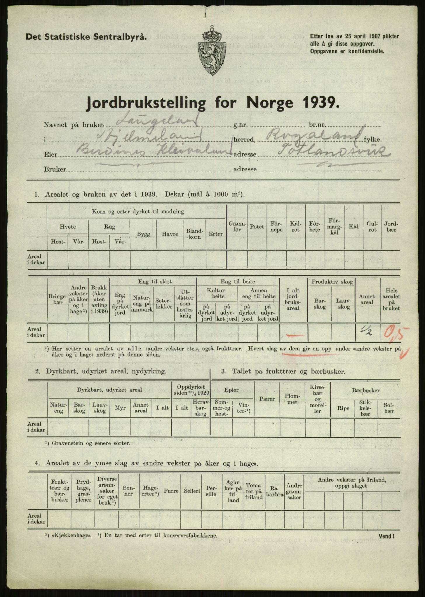 Statistisk sentralbyrå, Næringsøkonomiske emner, Jordbruk, skogbruk, jakt, fiske og fangst, AV/RA-S-2234/G/Gb/L0184: Rogaland: Årdal, Fister og Hjelmeland, 1939, p. 777