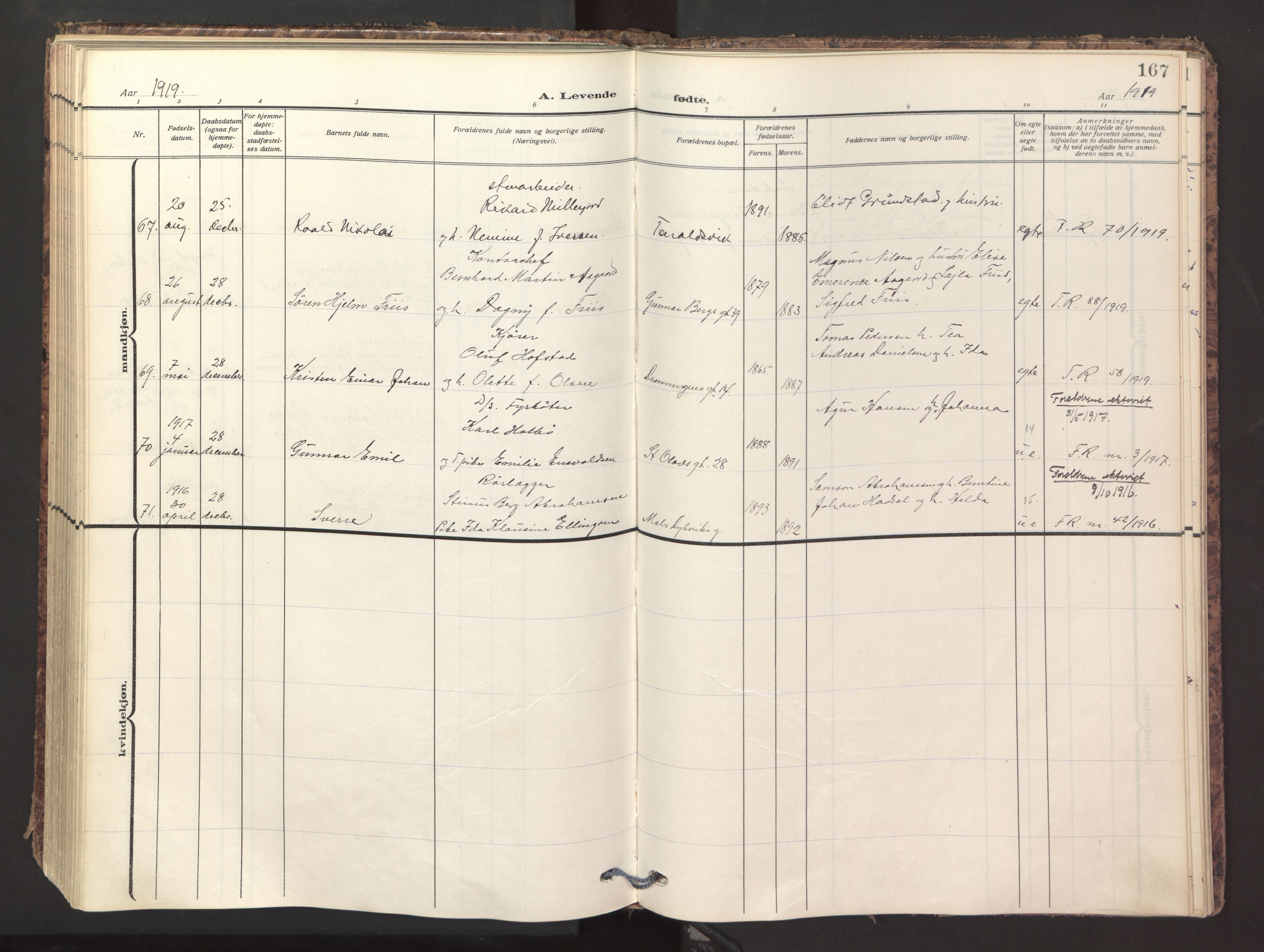 Ministerialprotokoller, klokkerbøker og fødselsregistre - Nordland, SAT/A-1459/871/L1001: Parish register (official) no. 871A17, 1911-1921, p. 167