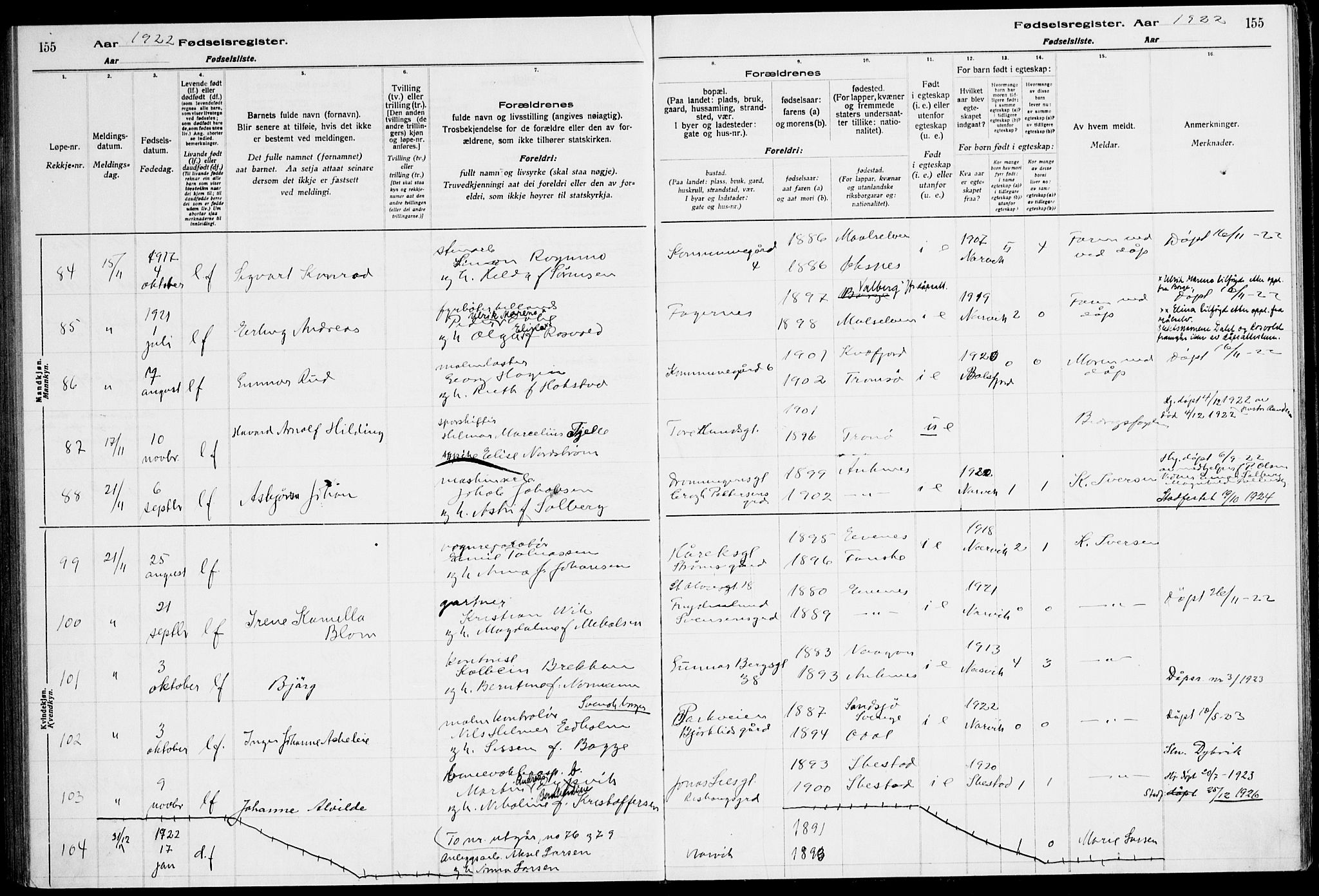 Ministerialprotokoller, klokkerbøker og fødselsregistre - Nordland, AV/SAT-A-1459/871/L1013: Birth register no. 871.II.4.1, 1916-1924, p. 155