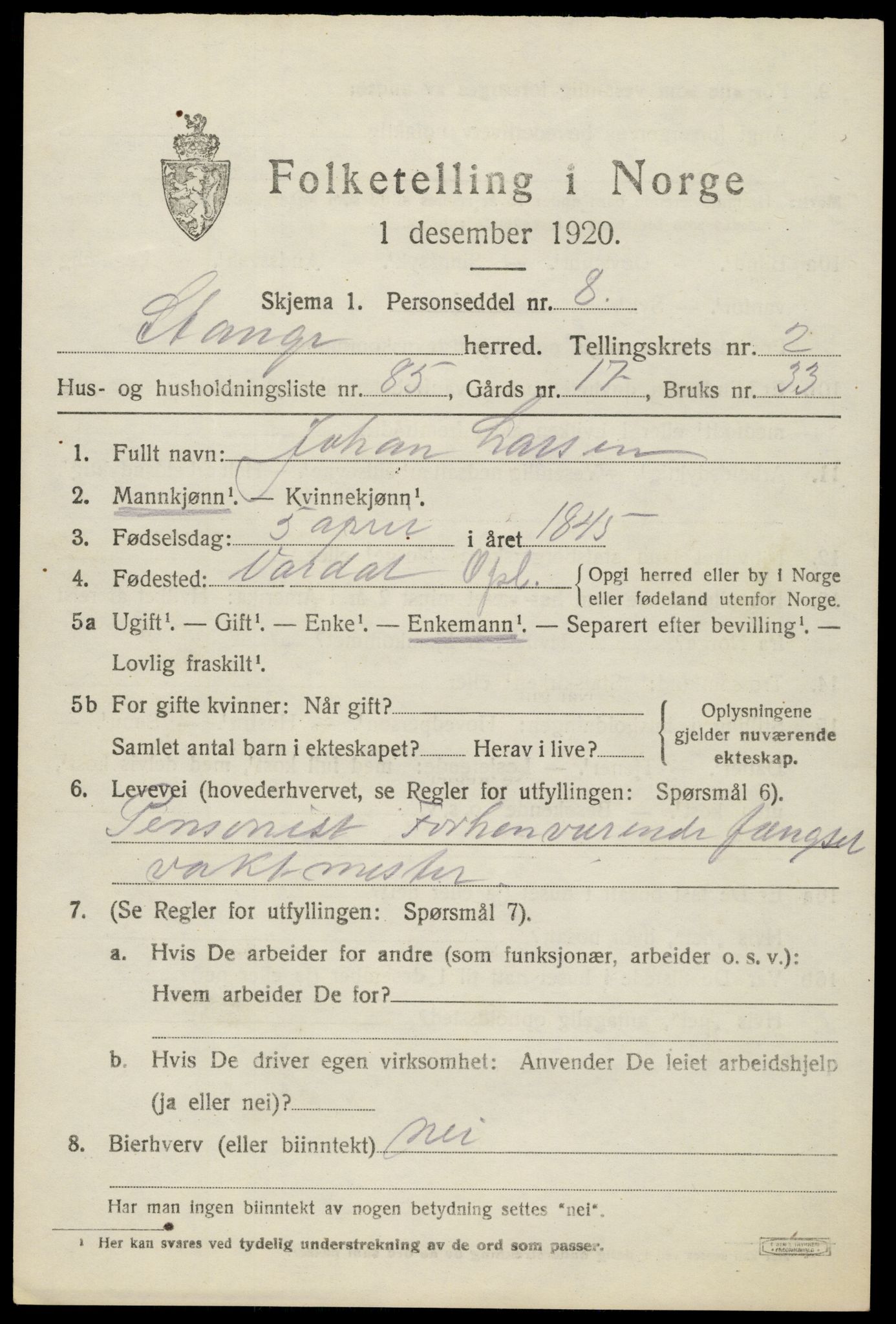 SAH, 1920 census for Stange, 1920, p. 5191