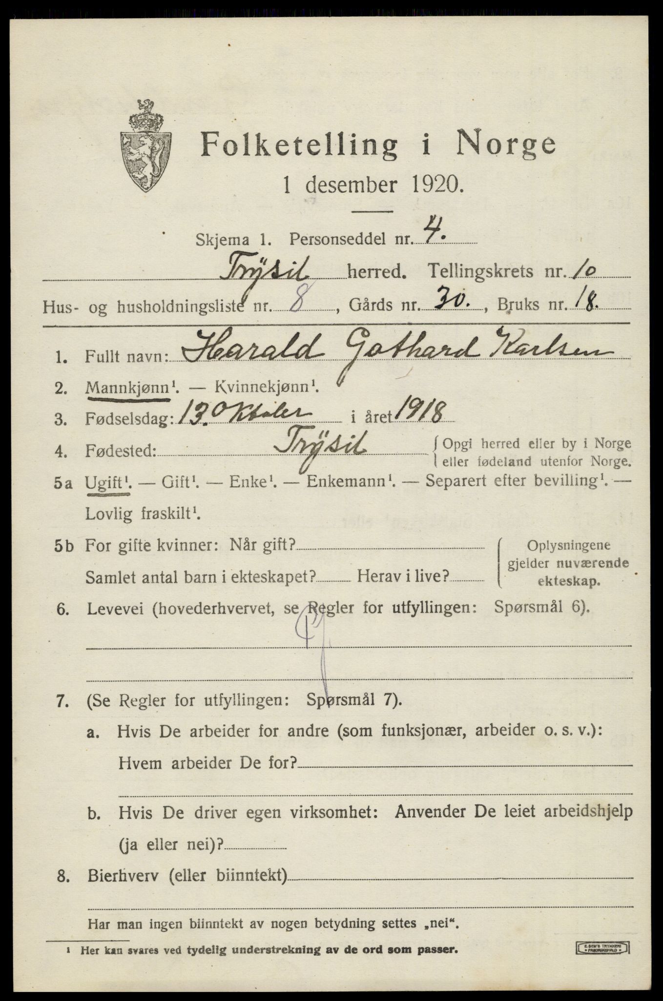 SAH, 1920 census for Trysil, 1920, p. 6949