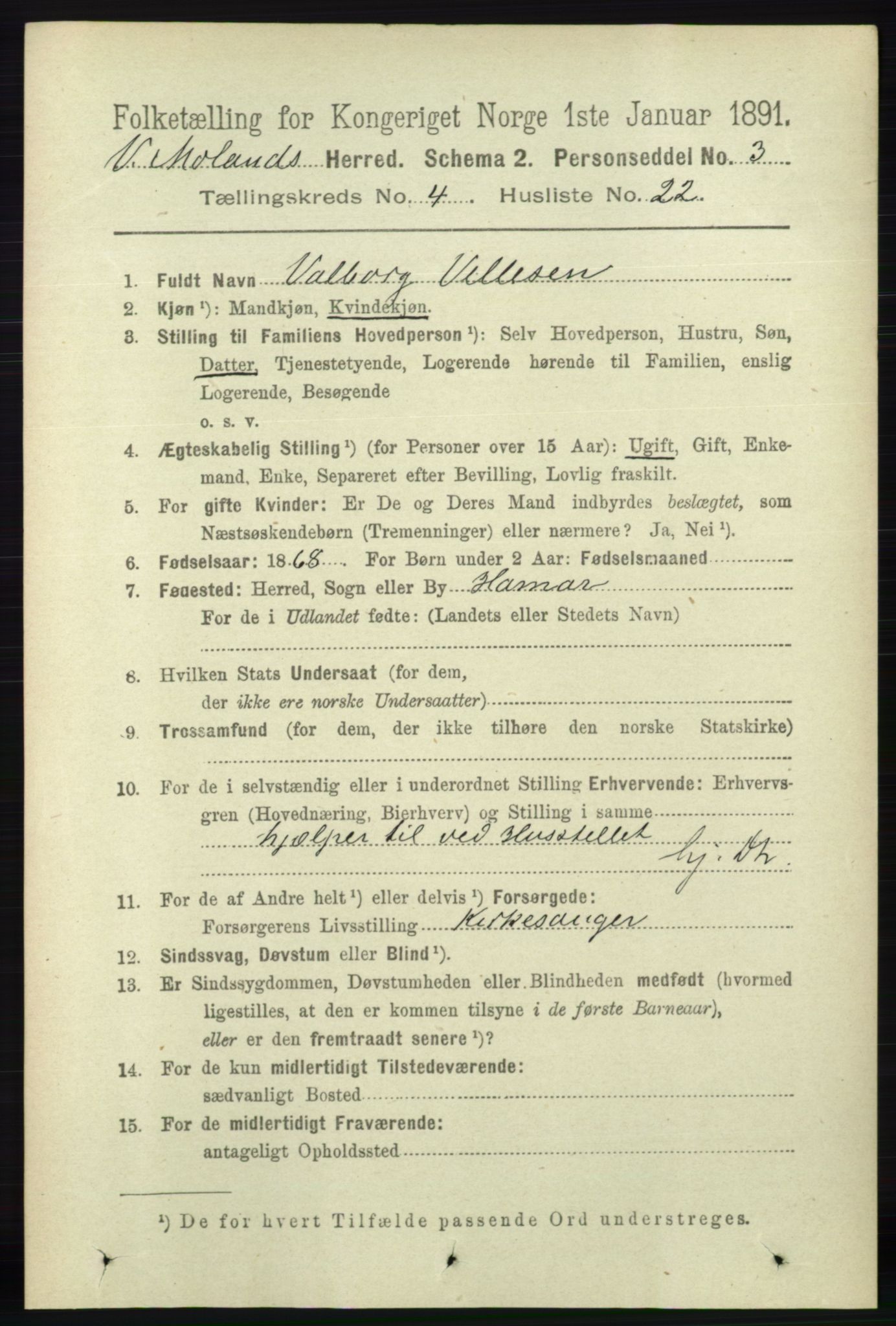 RA, 1891 census for 0926 Vestre Moland, 1891, p. 1366