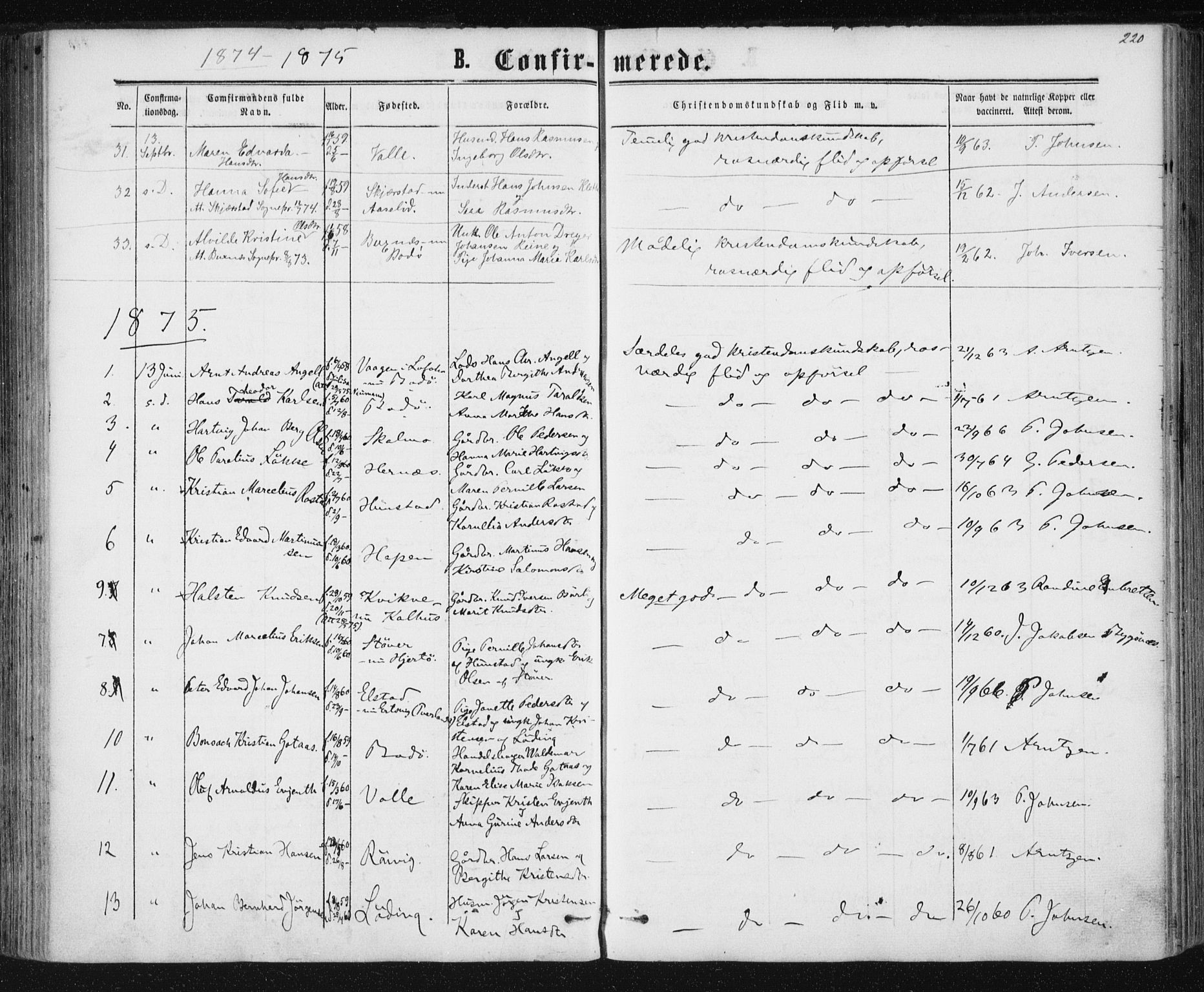 Ministerialprotokoller, klokkerbøker og fødselsregistre - Nordland, SAT/A-1459/801/L0008: Parish register (official) no. 801A08, 1864-1875, p. 220