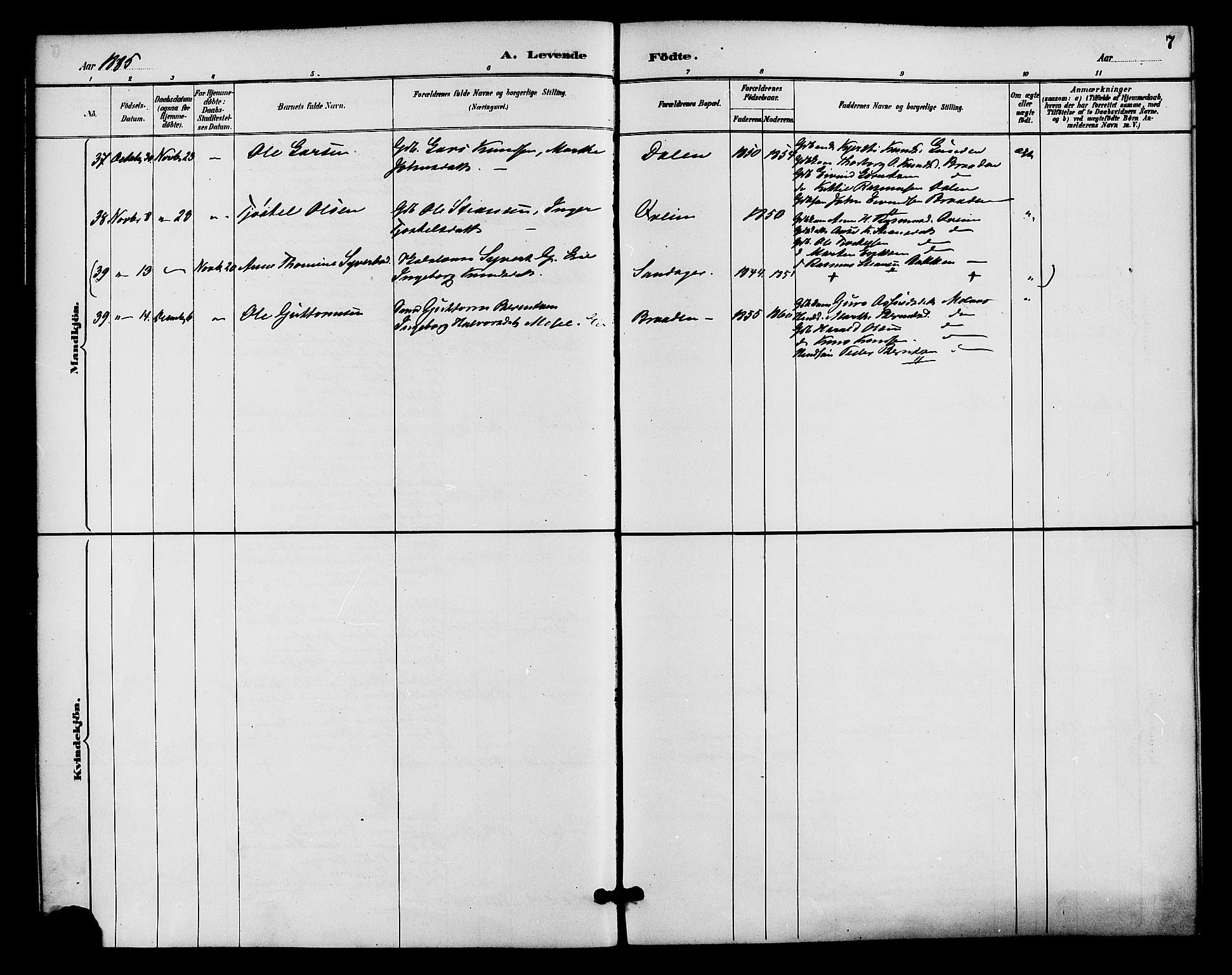 Gjerstad sokneprestkontor, AV/SAK-1111-0014/F/Fa/Faa/L0009: Parish register (official) no. A 9, 1885-1890, p. 7