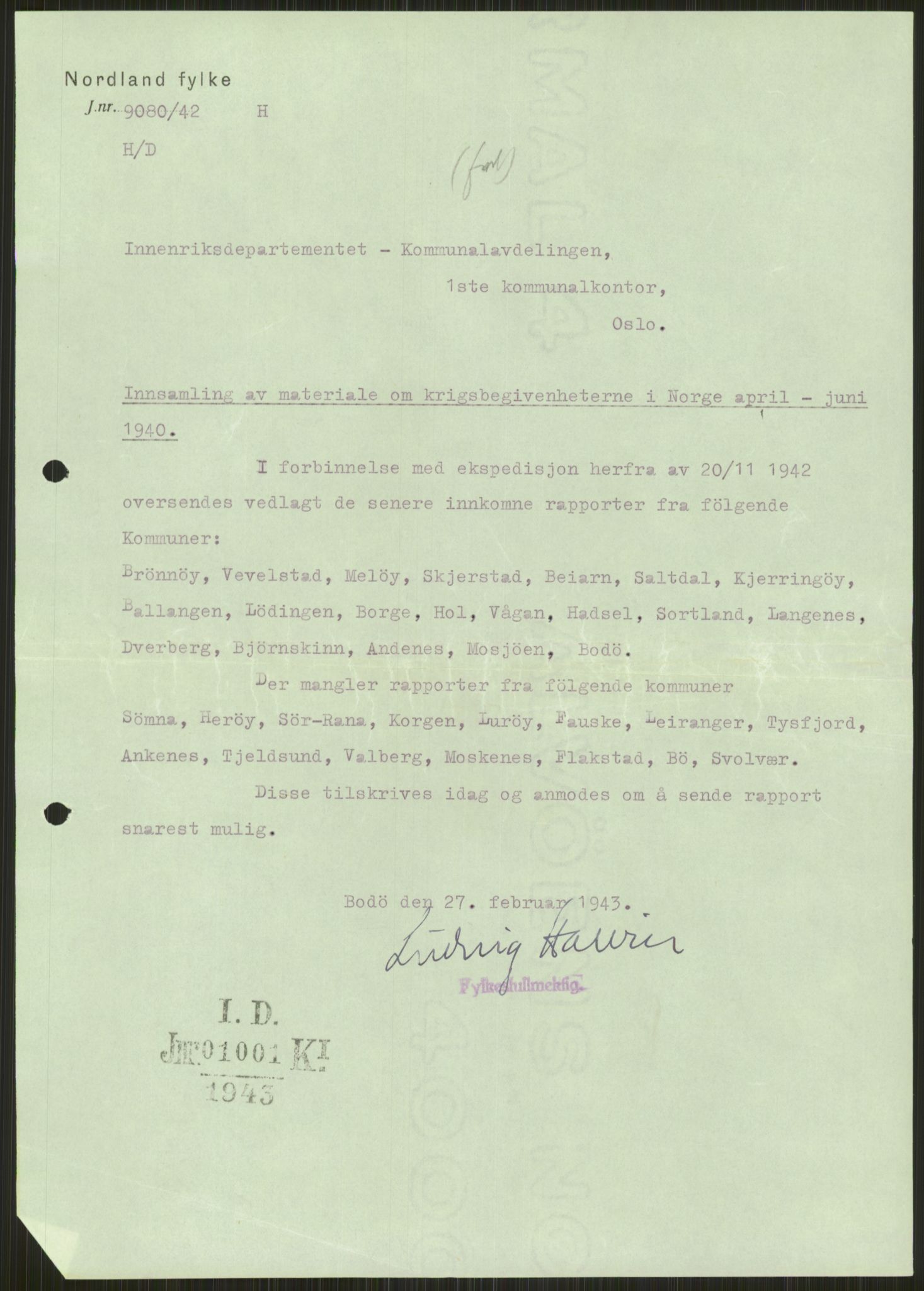 Forsvaret, Forsvarets krigshistoriske avdeling, AV/RA-RAFA-2017/Y/Ya/L0017: II-C-11-31 - Fylkesmenn.  Rapporter om krigsbegivenhetene 1940., 1940, p. 17