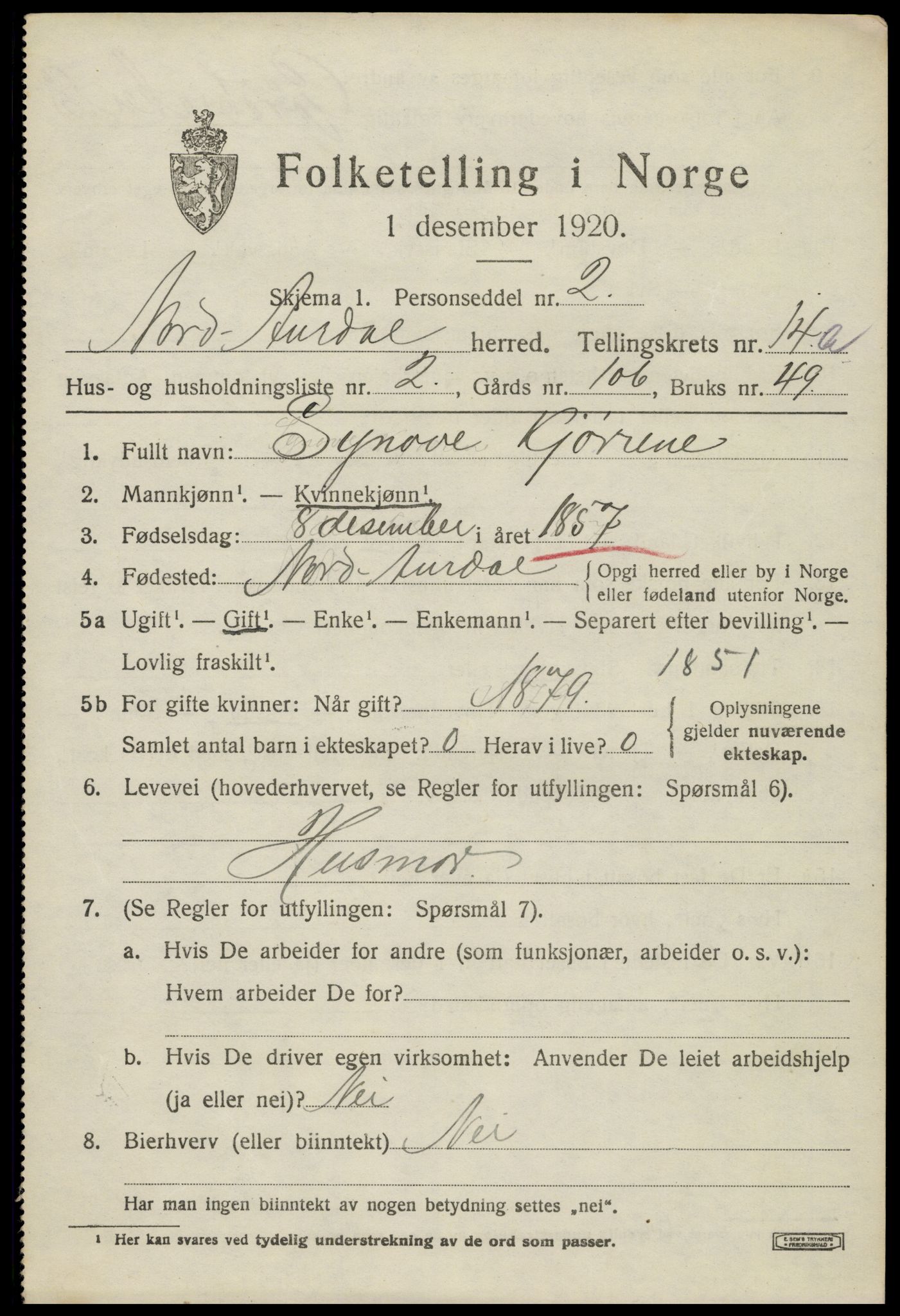 SAH, 1920 census for Nord-Aurdal, 1920, p. 11000