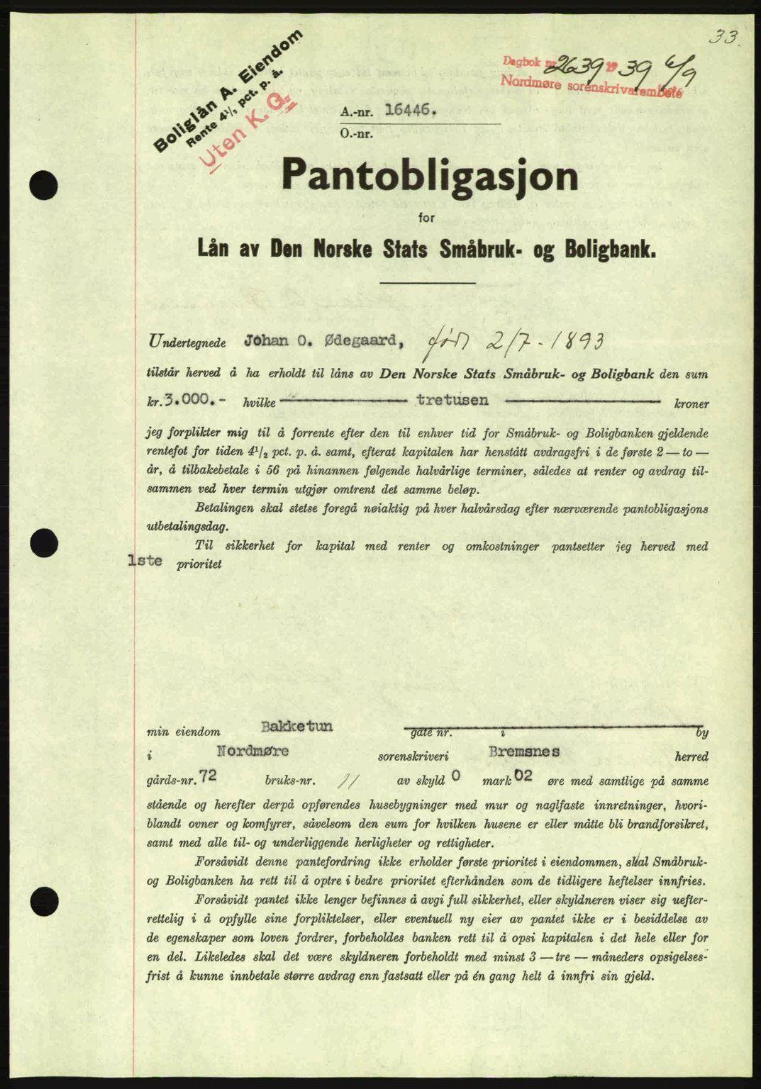 Nordmøre sorenskriveri, AV/SAT-A-4132/1/2/2Ca: Mortgage book no. B86, 1939-1940, Diary no: : 2639/1939