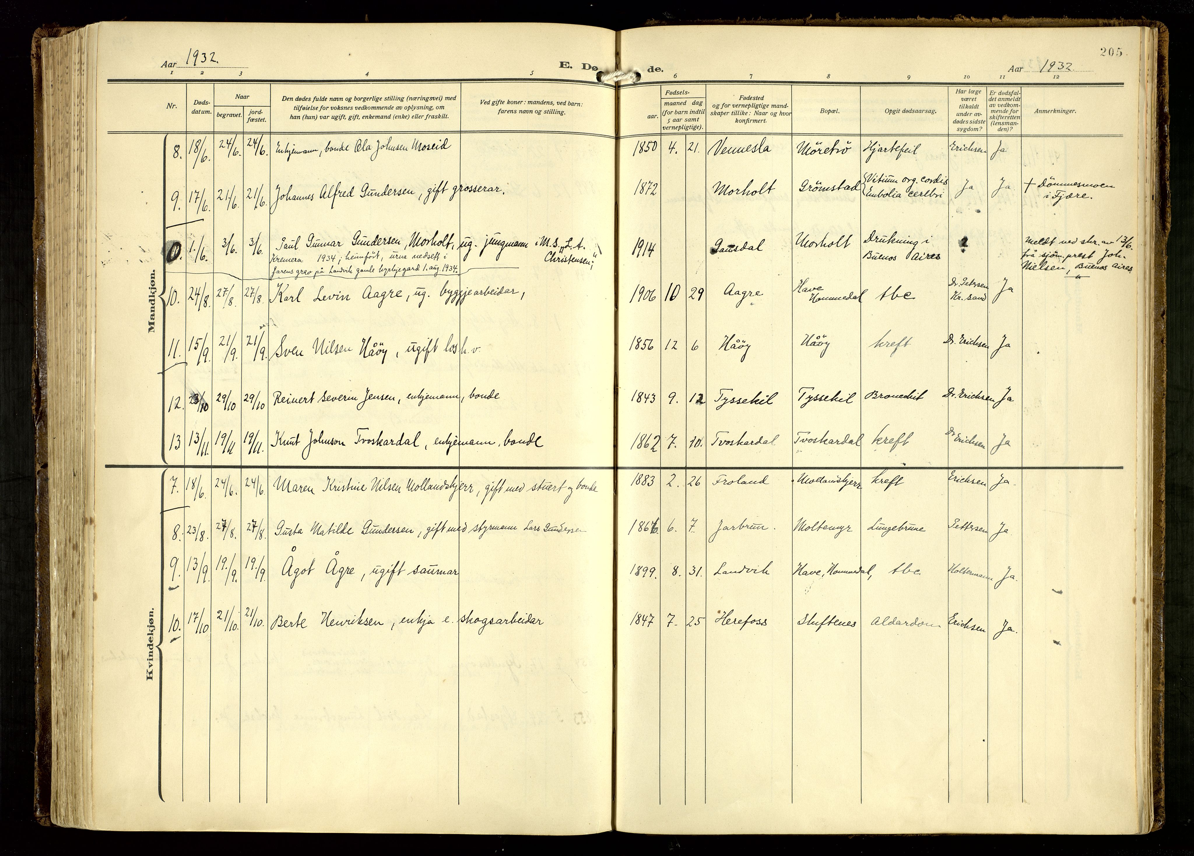 Hommedal sokneprestkontor, SAK/1111-0023/F/Fa/Fab/L0008: Parish register (official) no. A 8, 1925-1956, p. 205