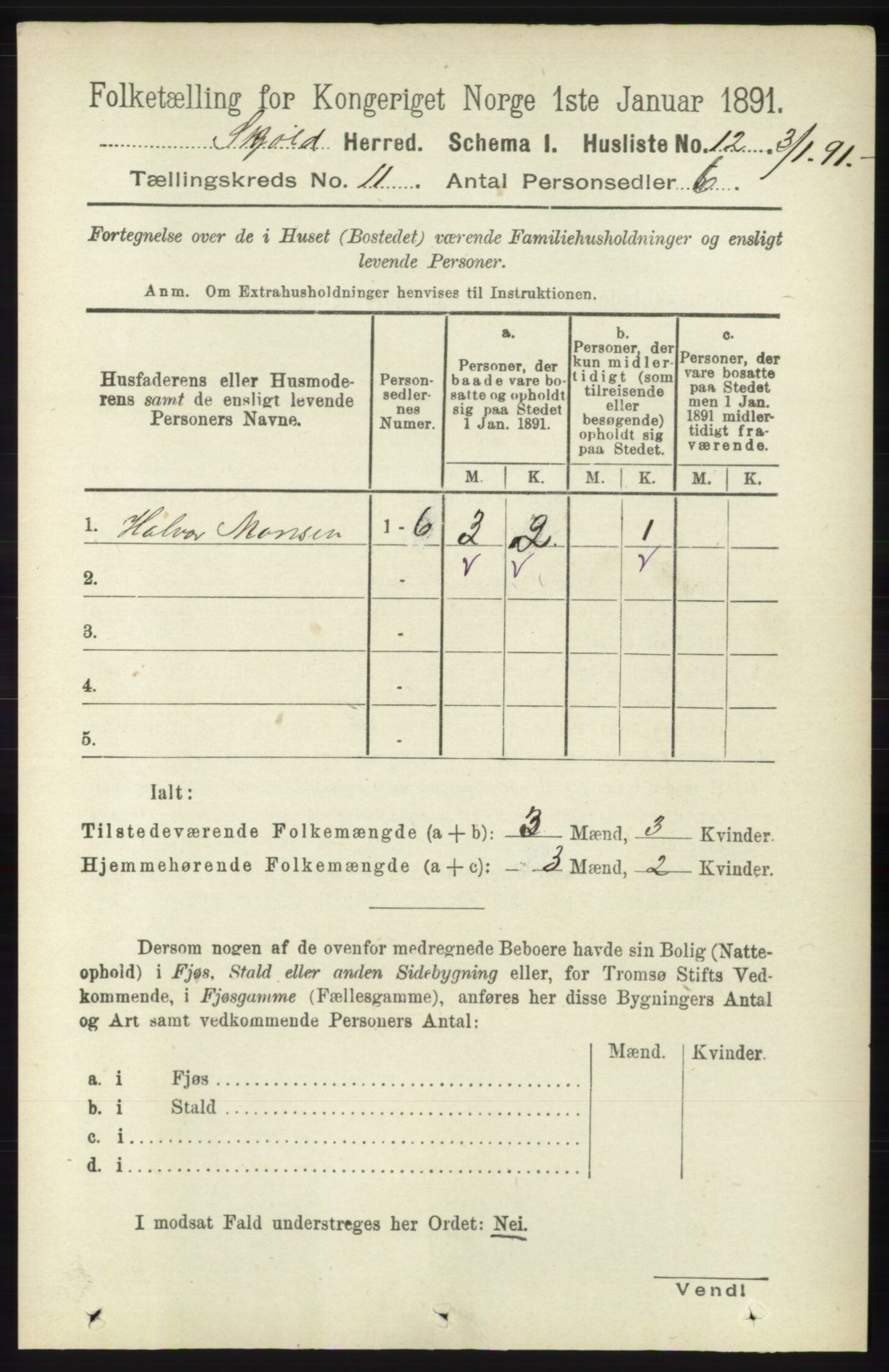 RA, 1891 census for 1154 Skjold, 1891, p. 2047