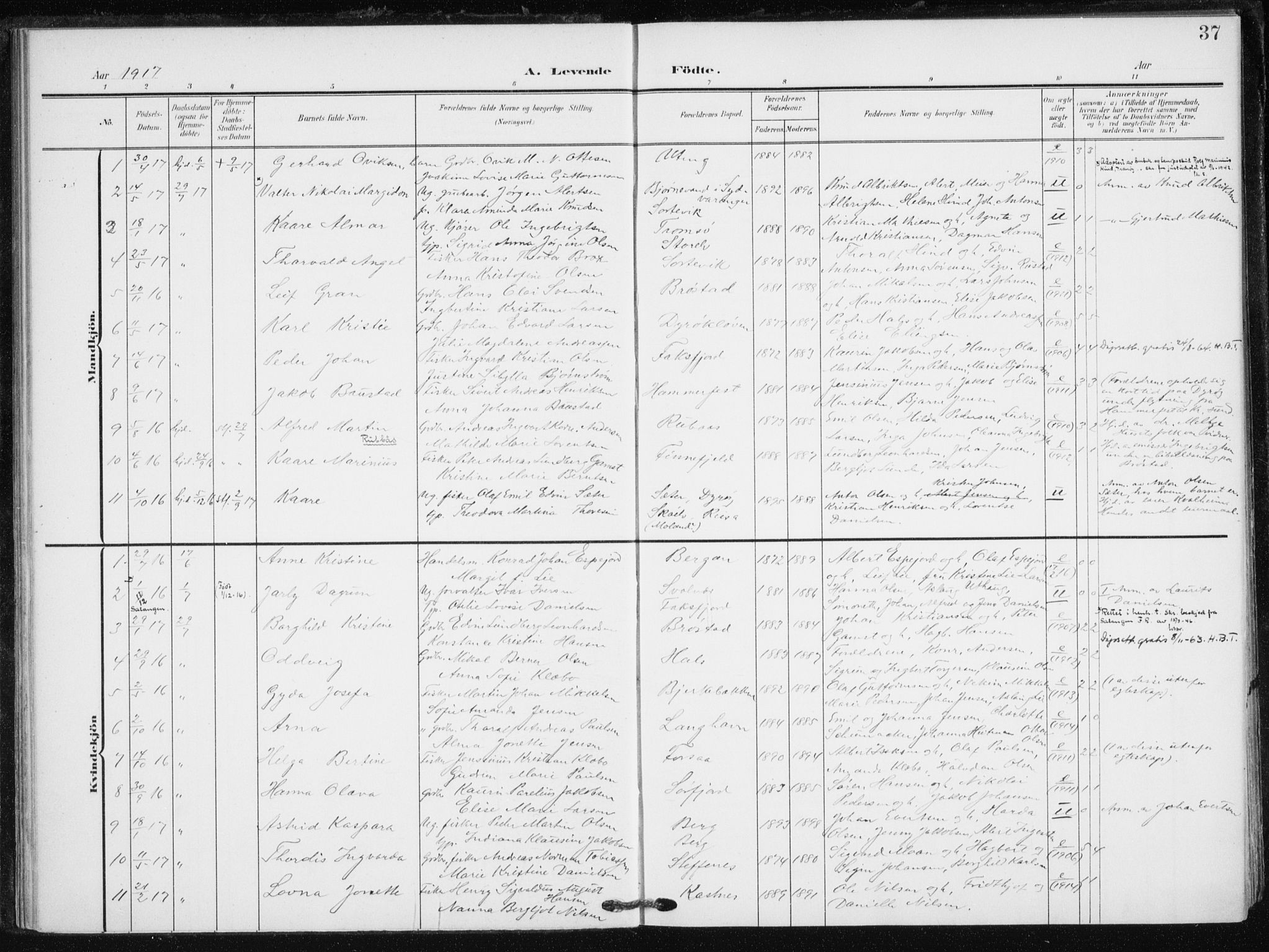Tranøy sokneprestkontor, AV/SATØ-S-1313/I/Ia/Iaa/L0013kirke: Parish register (official) no. 13, 1905-1922, p. 37