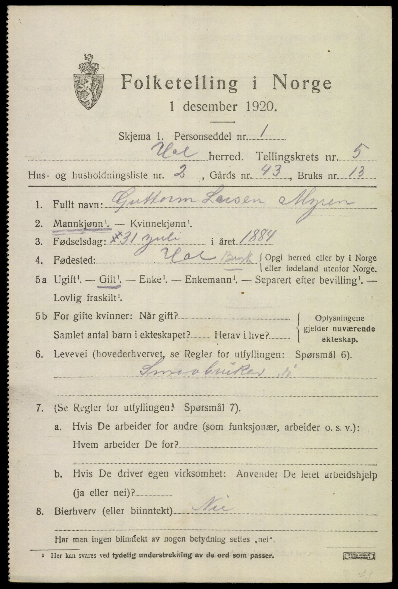 SAKO, 1920 census for Hol (Buskerud), 1920, p. 2793