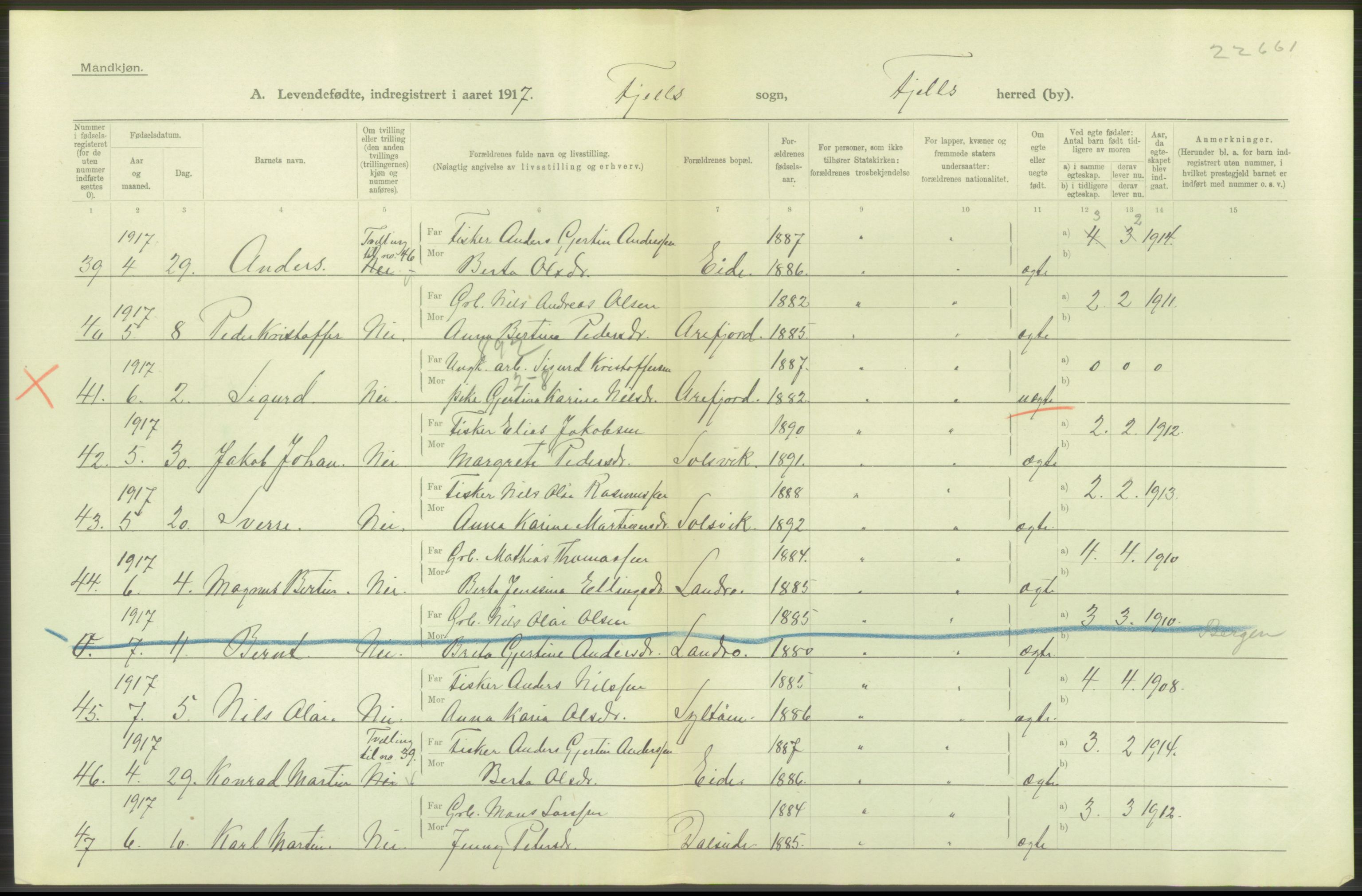 Statistisk sentralbyrå, Sosiodemografiske emner, Befolkning, RA/S-2228/D/Df/Dfb/Dfbg/L0034: S. Bergenhus amt: Levendefødte menn og kvinner. Bygder., 1917, p. 362