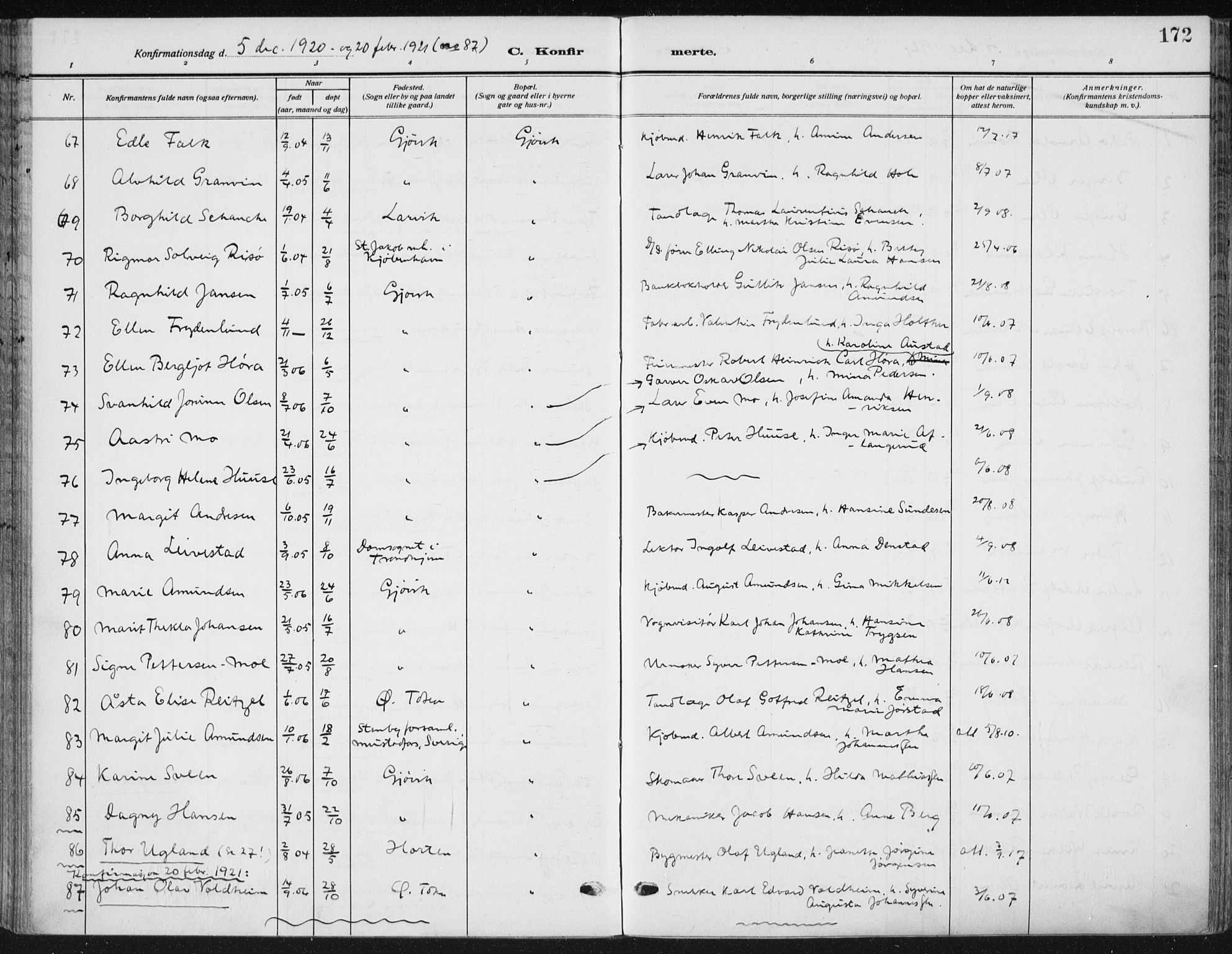Vardal prestekontor, SAH/PREST-100/H/Ha/Haa/L0014: Parish register (official) no. 14, 1912-1922, p. 172