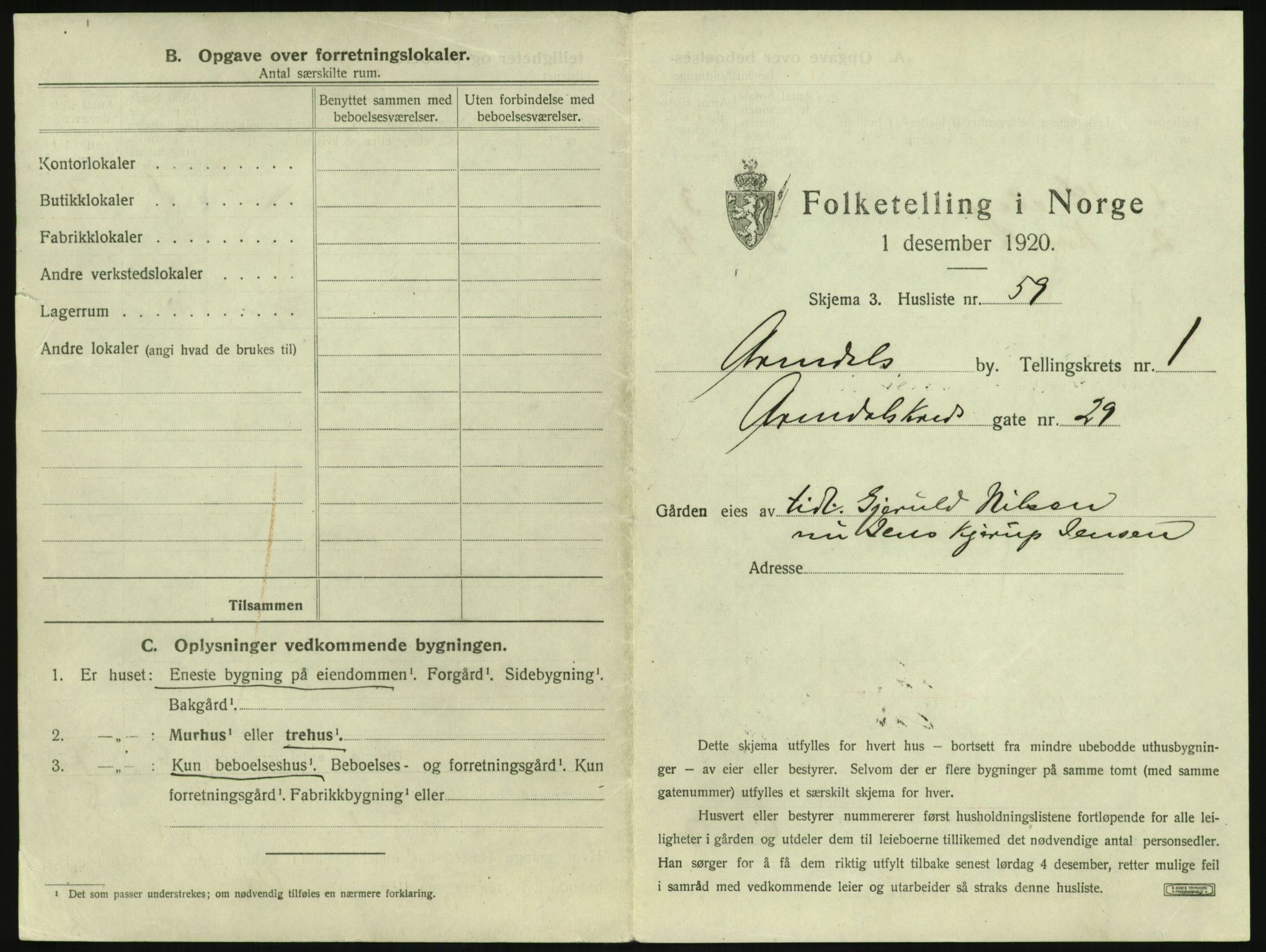 SAK, 1920 census for Arendal, 1920, p. 200