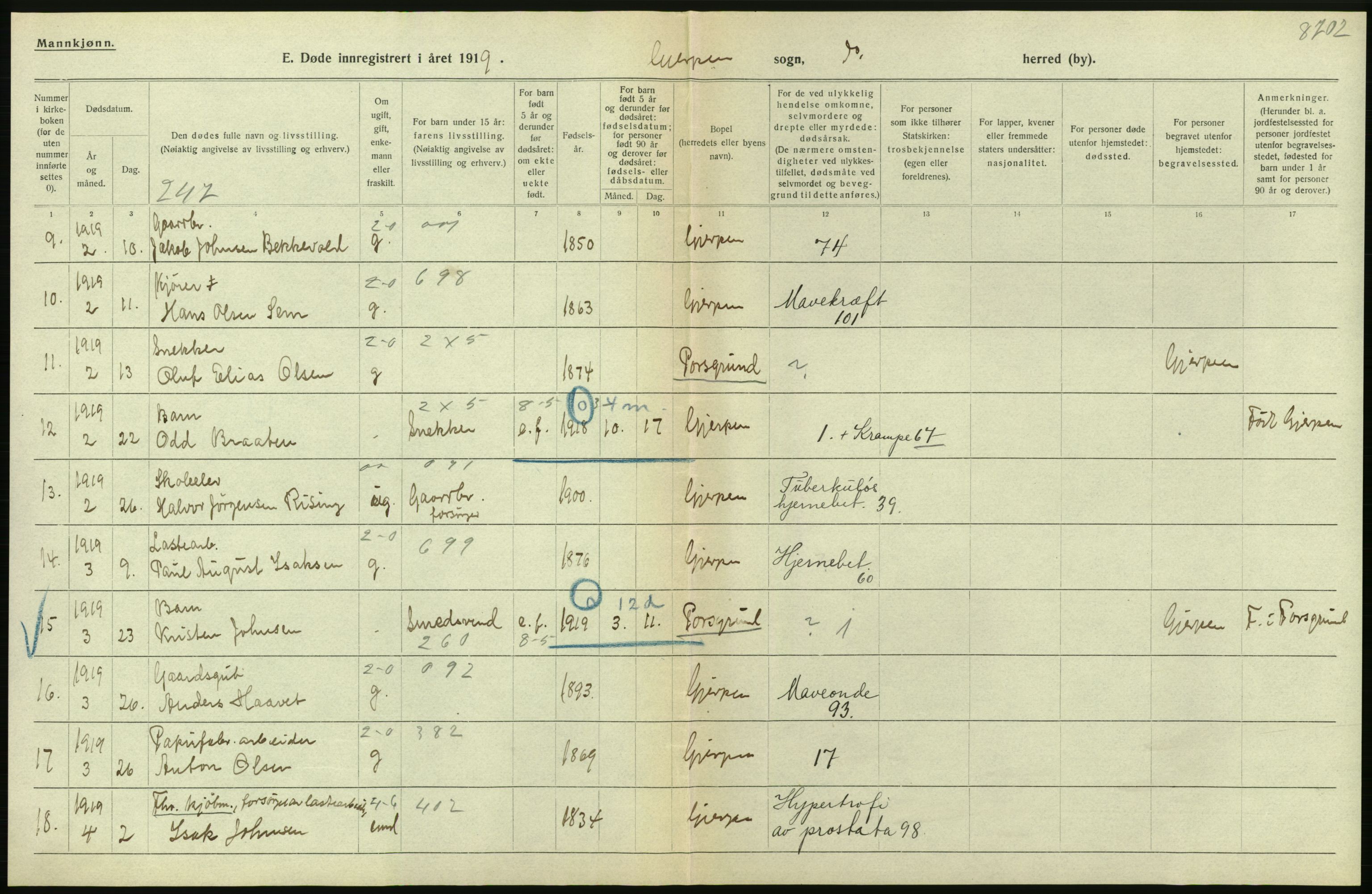 Statistisk sentralbyrå, Sosiodemografiske emner, Befolkning, AV/RA-S-2228/D/Df/Dfb/Dfbi/L0023: Telemark fylke: Døde. Bygder og byer., 1919, p. 44