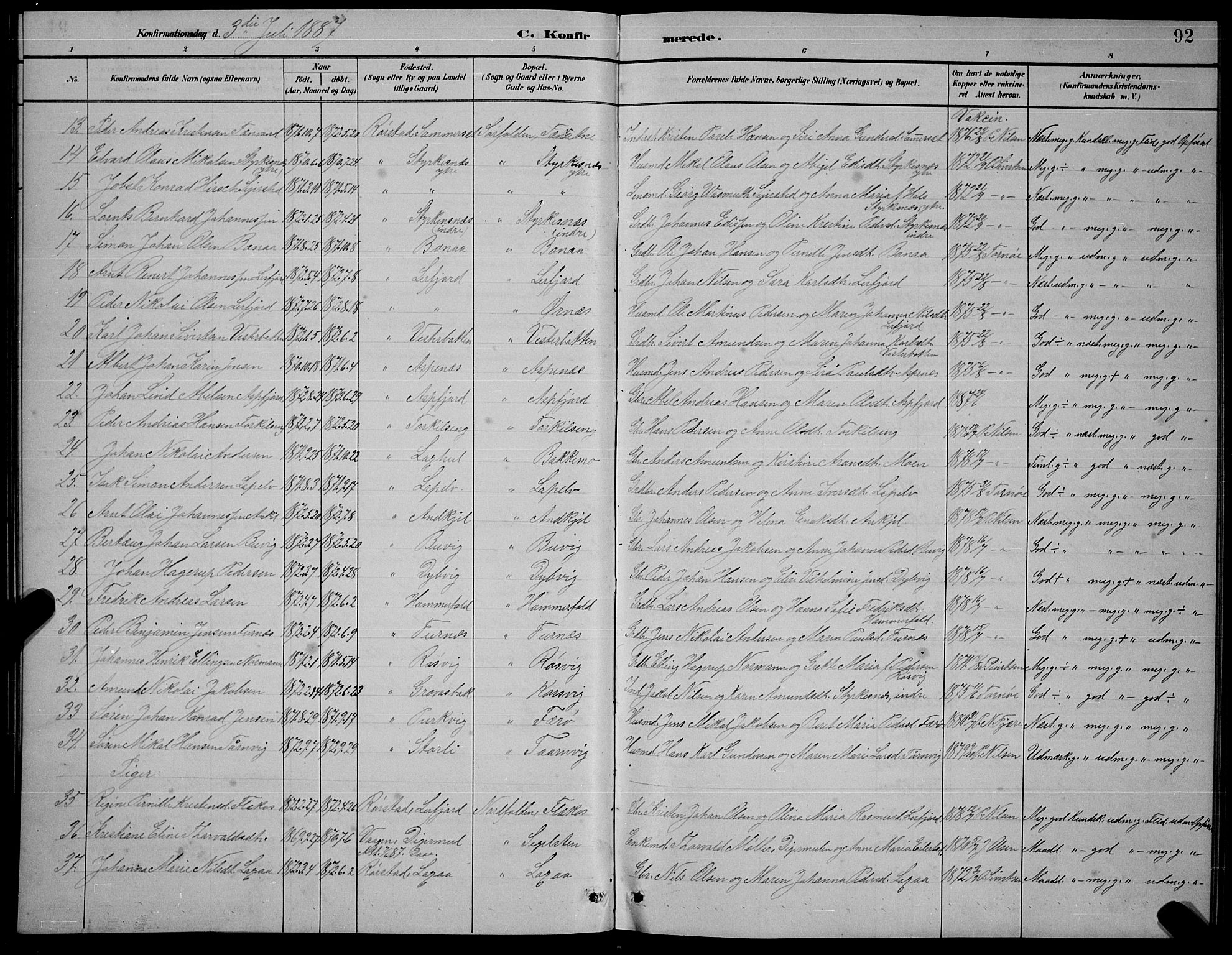 Ministerialprotokoller, klokkerbøker og fødselsregistre - Nordland, AV/SAT-A-1459/854/L0785: Parish register (copy) no. 854C01, 1883-1891, p. 92