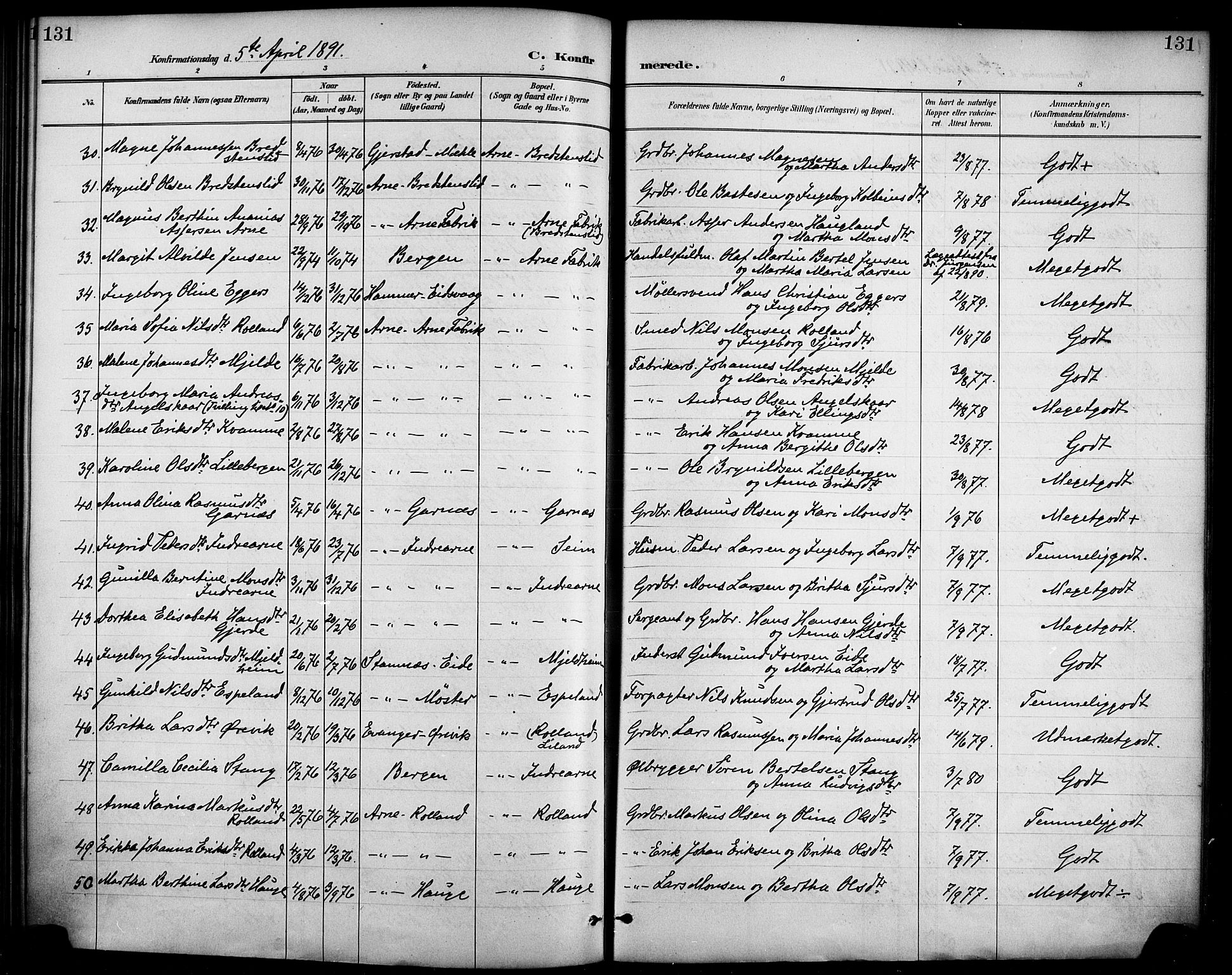 Haus sokneprestembete, AV/SAB-A-75601/H/Haa/Haad/L0001: Parish register (official) no. D 1, 1887-1898, p. 131