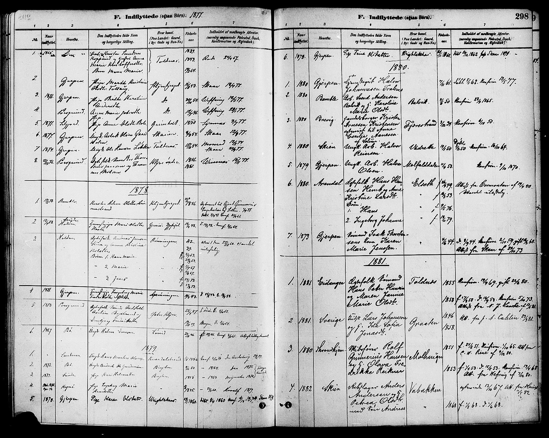 Solum kirkebøker, SAKO/A-306/F/Fa/L0009: Parish register (official) no. I 9, 1877-1887, p. 298