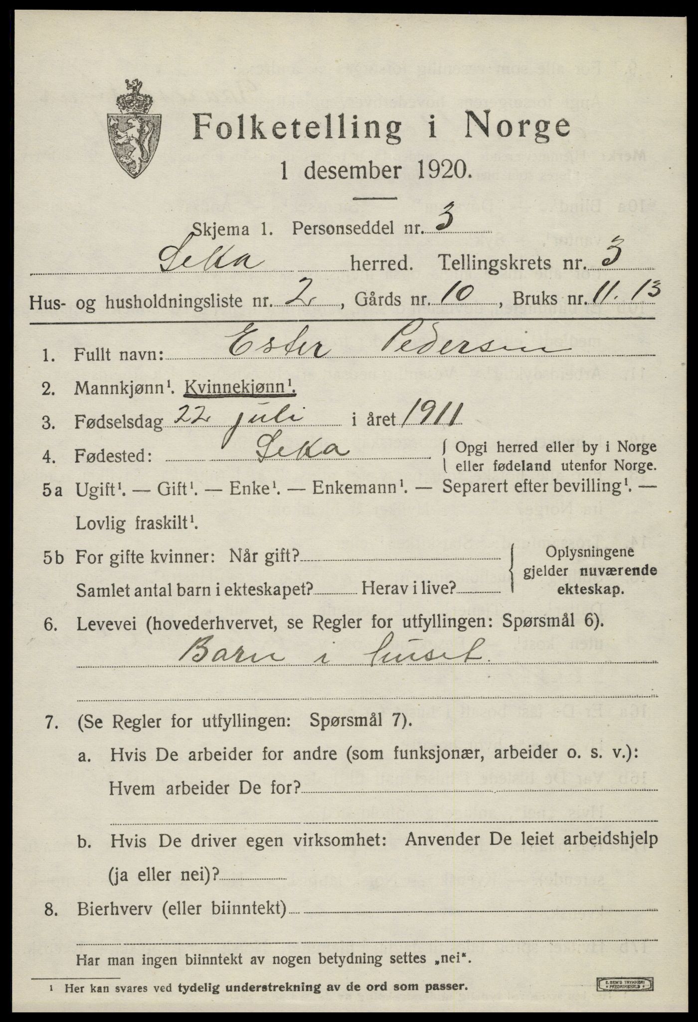 SAT, 1920 census for Leka, 1920, p. 1071