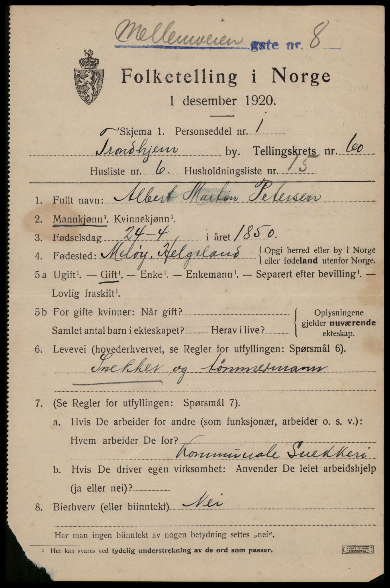 SAT, 1920 census for Trondheim, 1920, p. 121292