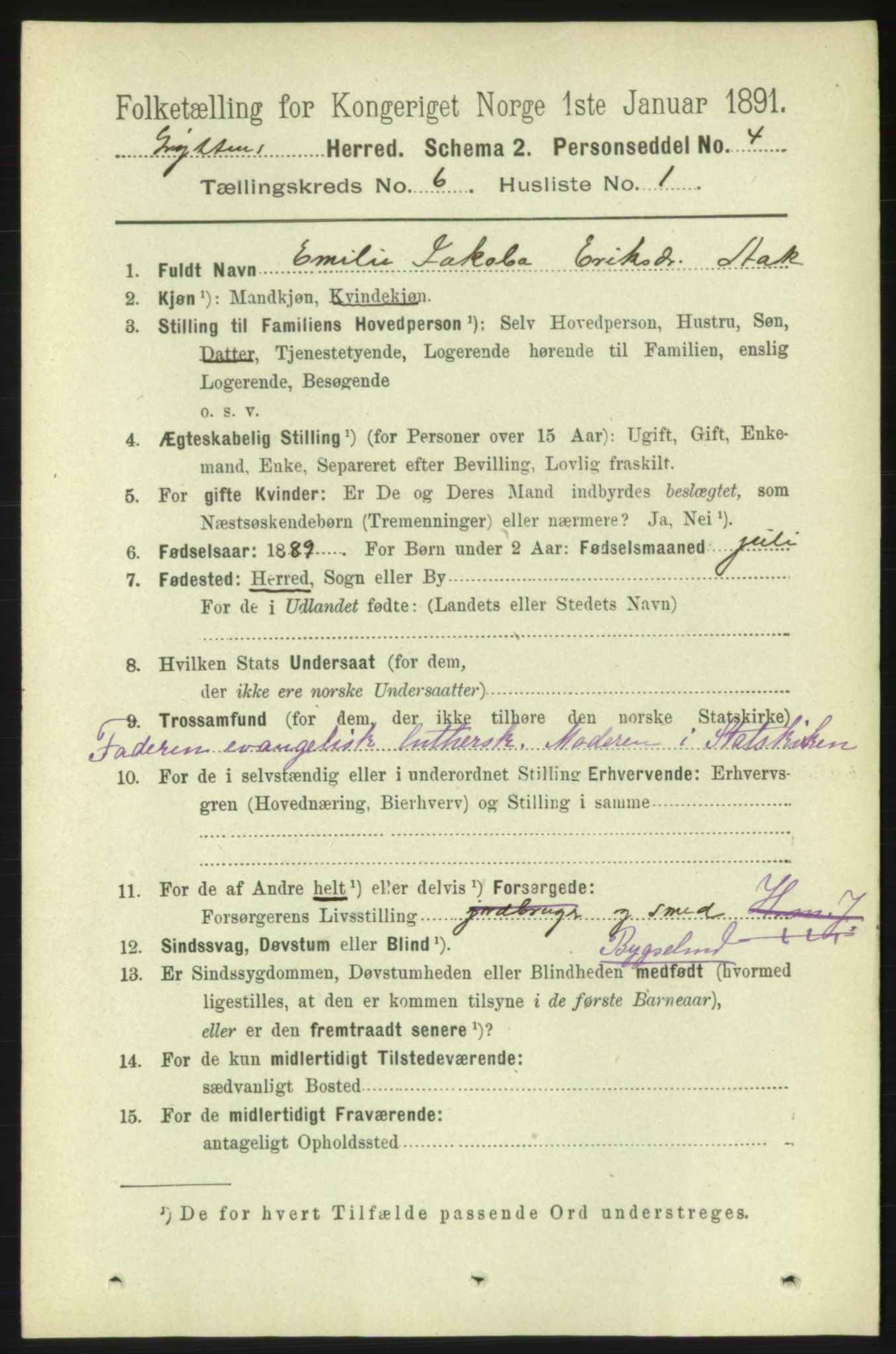 RA, 1891 census for 1539 Grytten, 1891, p. 2496