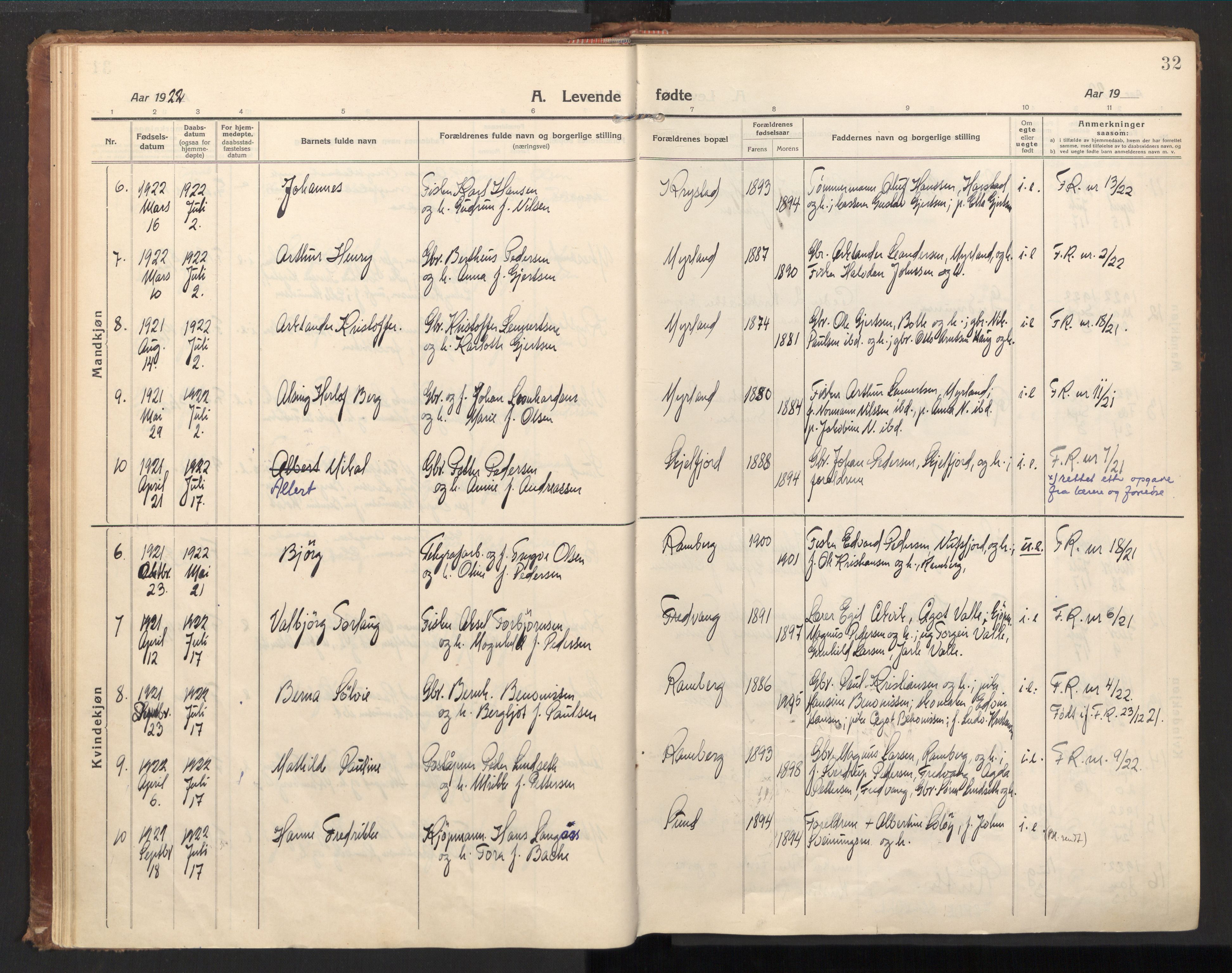 Ministerialprotokoller, klokkerbøker og fødselsregistre - Nordland, AV/SAT-A-1459/885/L1210: Parish register (official) no. 885A10, 1916-1926, p. 32