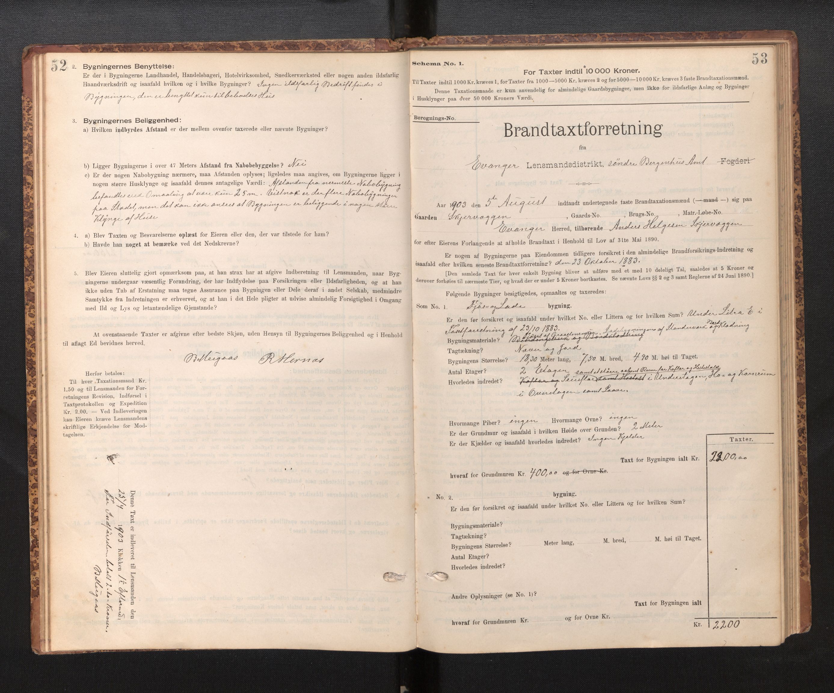 Lensmannen i Evanger, SAB/A-31701/0012/L0005: Branntakstprotokoll, skjematakst, 1895-1935, p. 52-53
