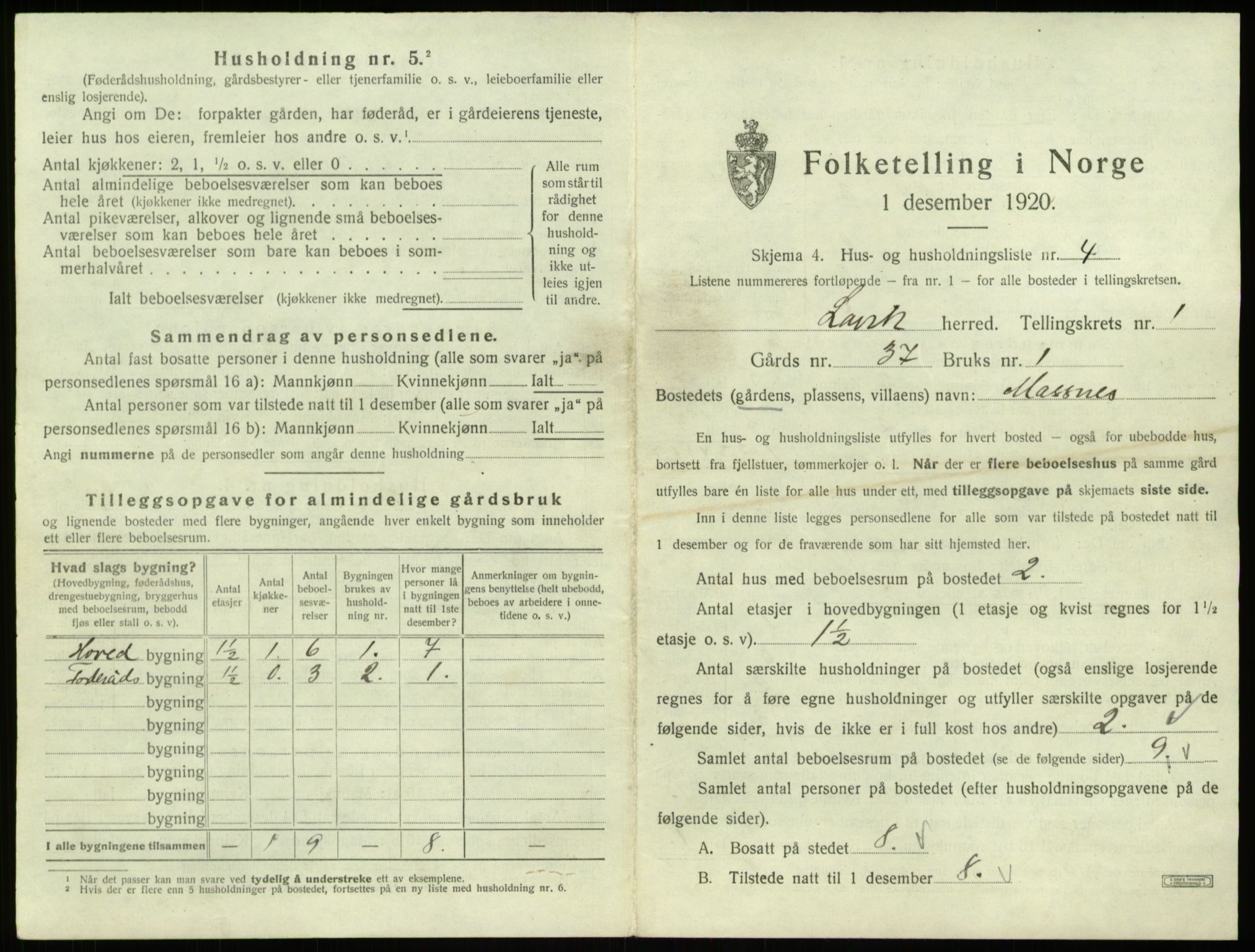 SAB, 1920 census for Lavik, 1920, p. 43