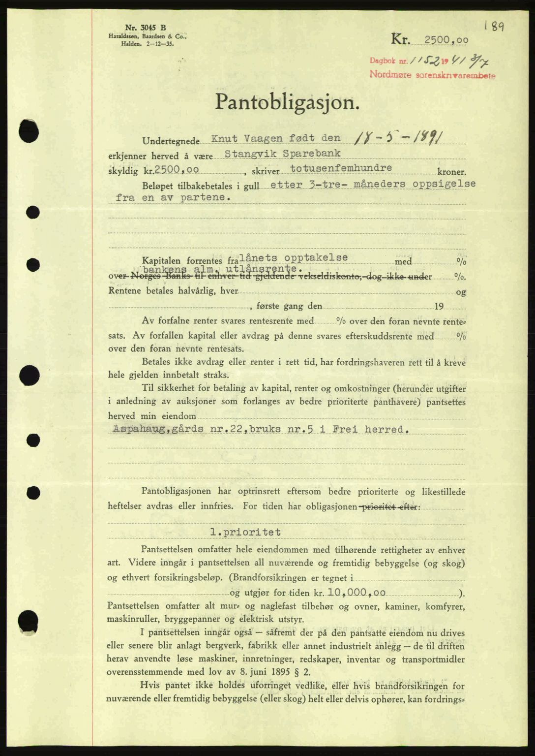 Nordmøre sorenskriveri, AV/SAT-A-4132/1/2/2Ca: Mortgage book no. B88, 1941-1942, Diary no: : 1152/1941