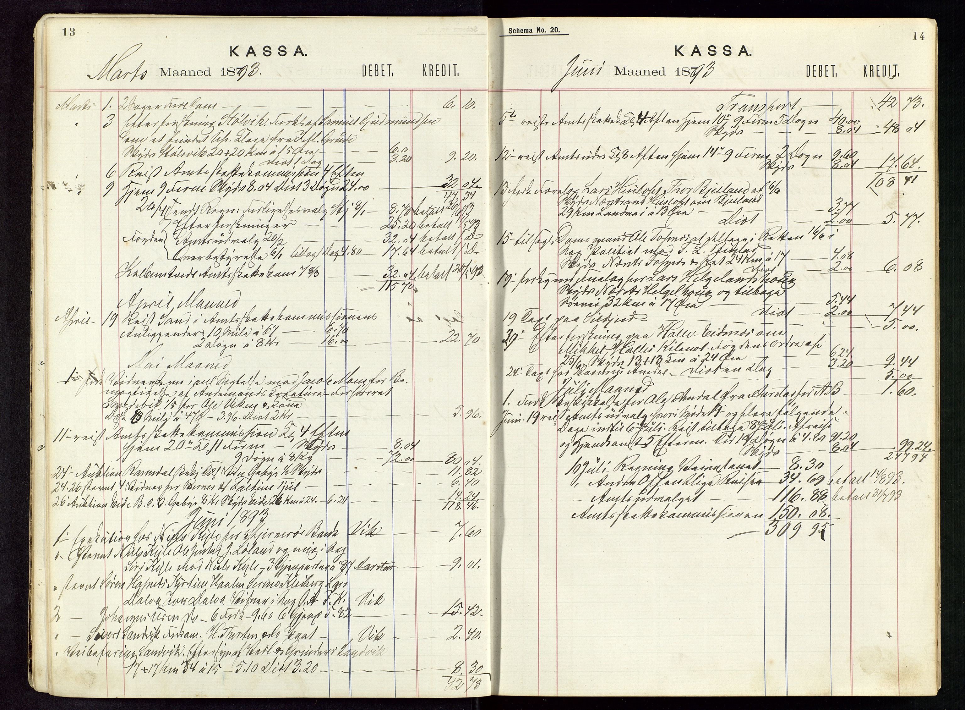 Nedstrand lensmannskontor, SAST/A-100236/Rf/L0001: Skyss- og kostgodtgjørelse reiser, 1891-1898, p. 13-14