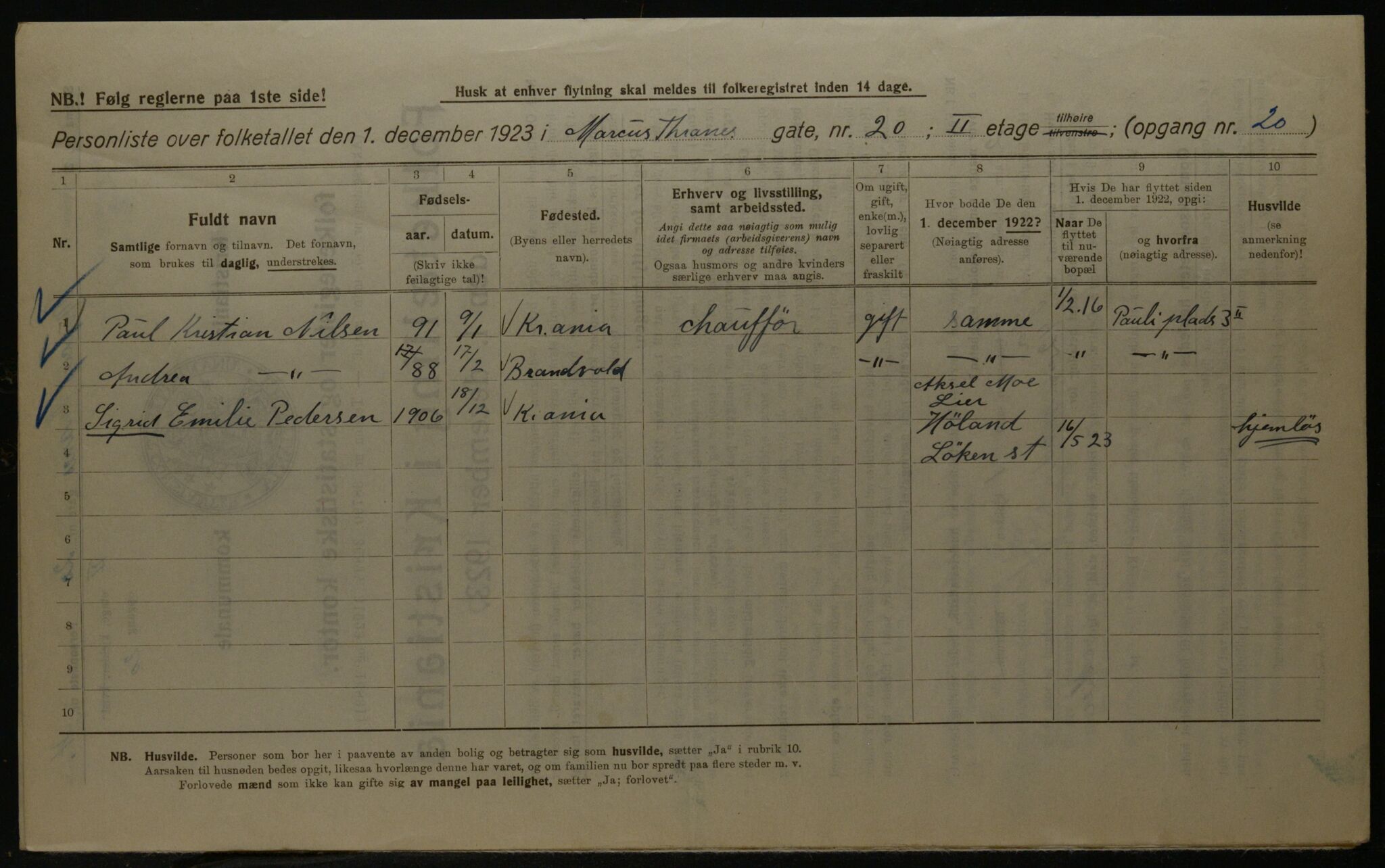 OBA, Municipal Census 1923 for Kristiania, 1923, p. 67220