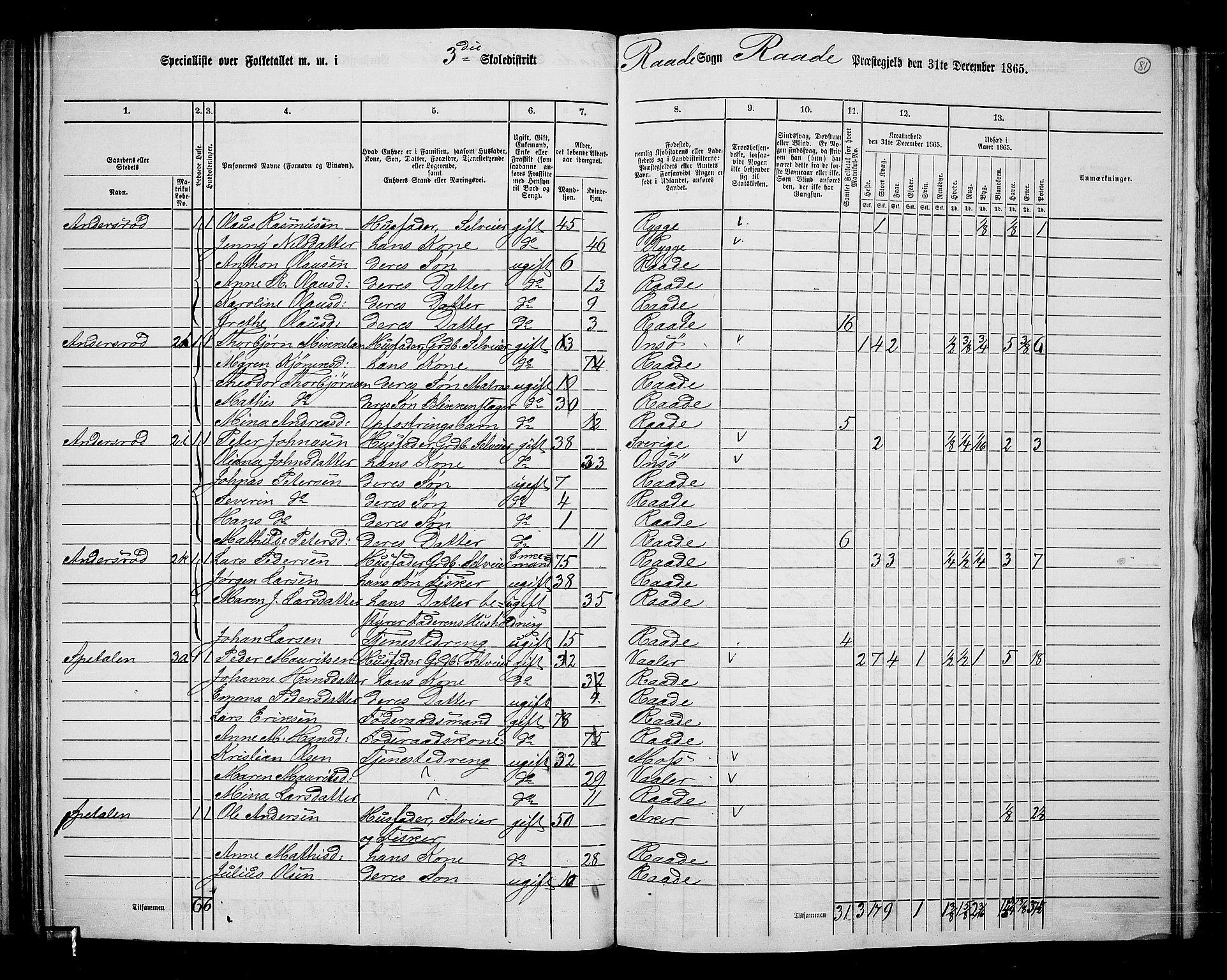 RA, 1865 census for Råde, 1865, p. 73