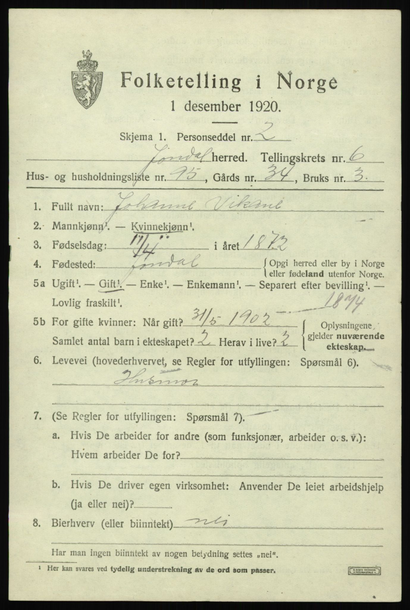 SAB, 1920 census for Jondal, 1920, p. 3752