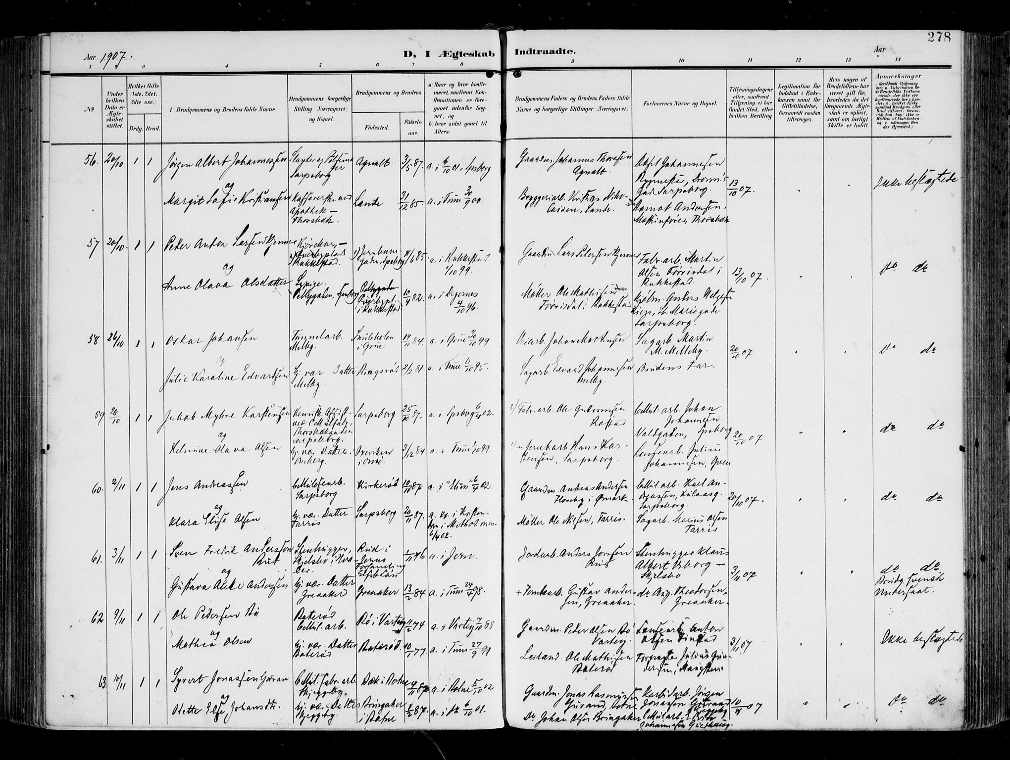 Tune prestekontor Kirkebøker, AV/SAO-A-2007/F/Fa/L0020: Parish register (official) no. 20, 1904-1909, p. 278