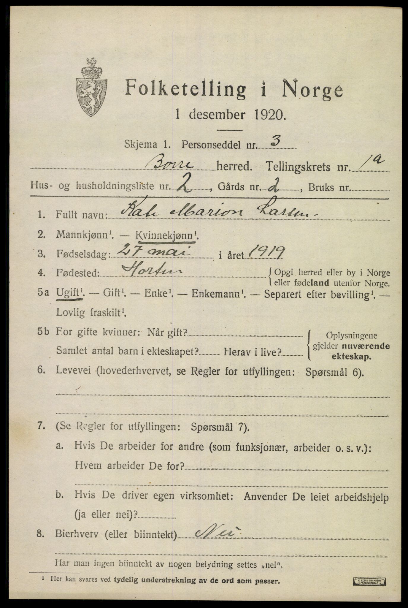 SAKO, 1920 census for Borre, 1920, p. 1400