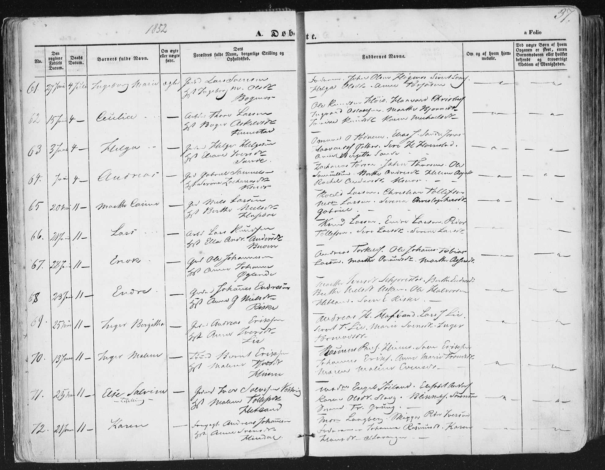 Hetland sokneprestkontor, AV/SAST-A-101826/30/30BA/L0002: Parish register (official) no. A 2, 1849-1869, p. 37